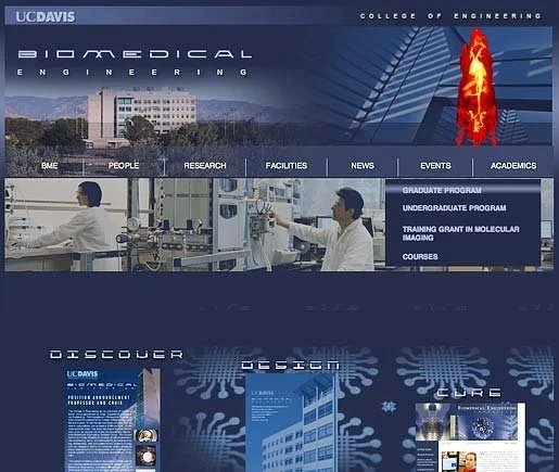 Screenshot of UC Davis College of Engineering website homepage, featuring sections on biomedical engineering, research, facilities, news, events, and academics, with a background image of a building and a DNA helix.