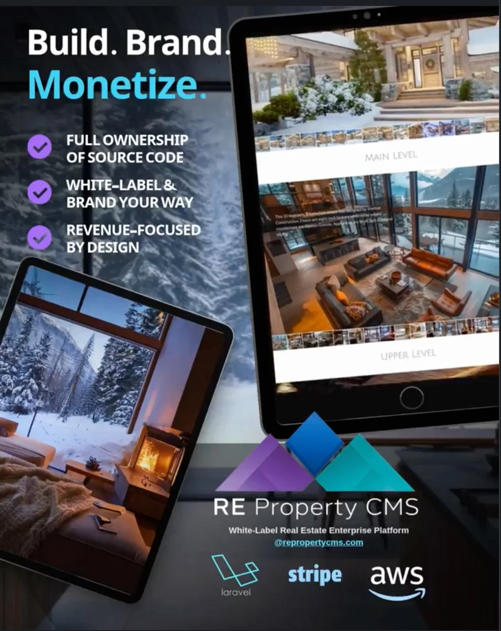 Advertisement for RE Property CMS, a real estate enterprise platform, featuring a mobile app displaying property interiors with snowy outdoor landscape, and listing features such as full source code ownership, branding customization, and revenue focus. Logos for Laravel, Stripe, and AWS at the bottom.