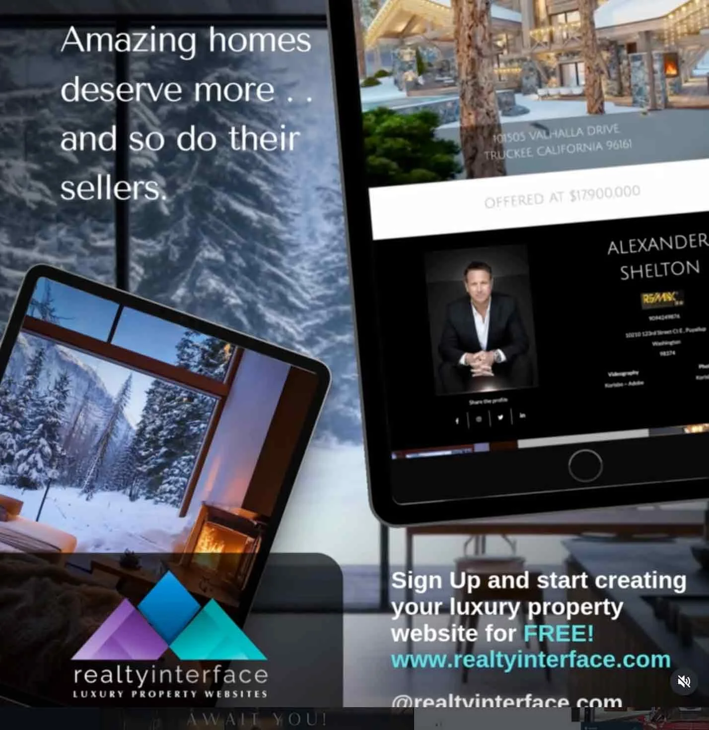 Advertisement for luxury property websites showing mobile screens with images of snowy landscapes and a real estate agent, and text promoting signing up for free luxury property websites at realtyinterface.com.