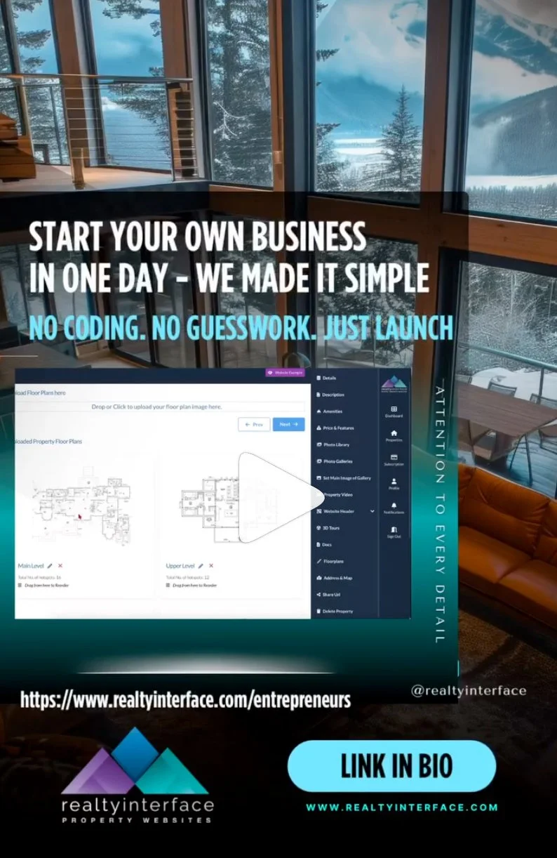 A promotional social media post for realtyinterface.com, showcasing an interior view of a modern room with floor-to-ceiling windows overlooking a snowy mountain landscape, text overlaying the image advertising a simple way to start your own business without coding or guesswork, with a link to the website and a call to action to view the link in bio.