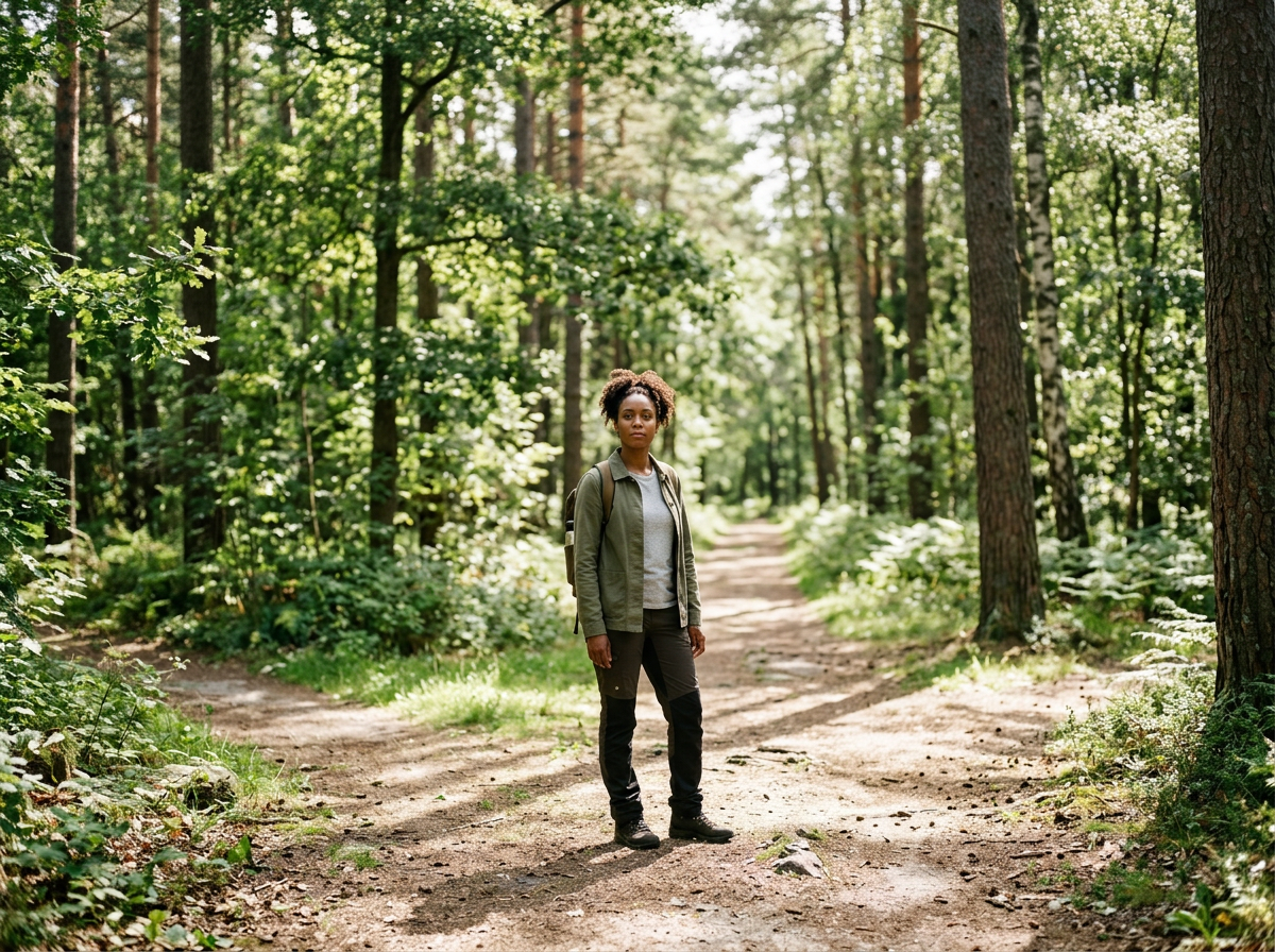 A woman standing on a forest path surrounded by tall trees and green foliage.