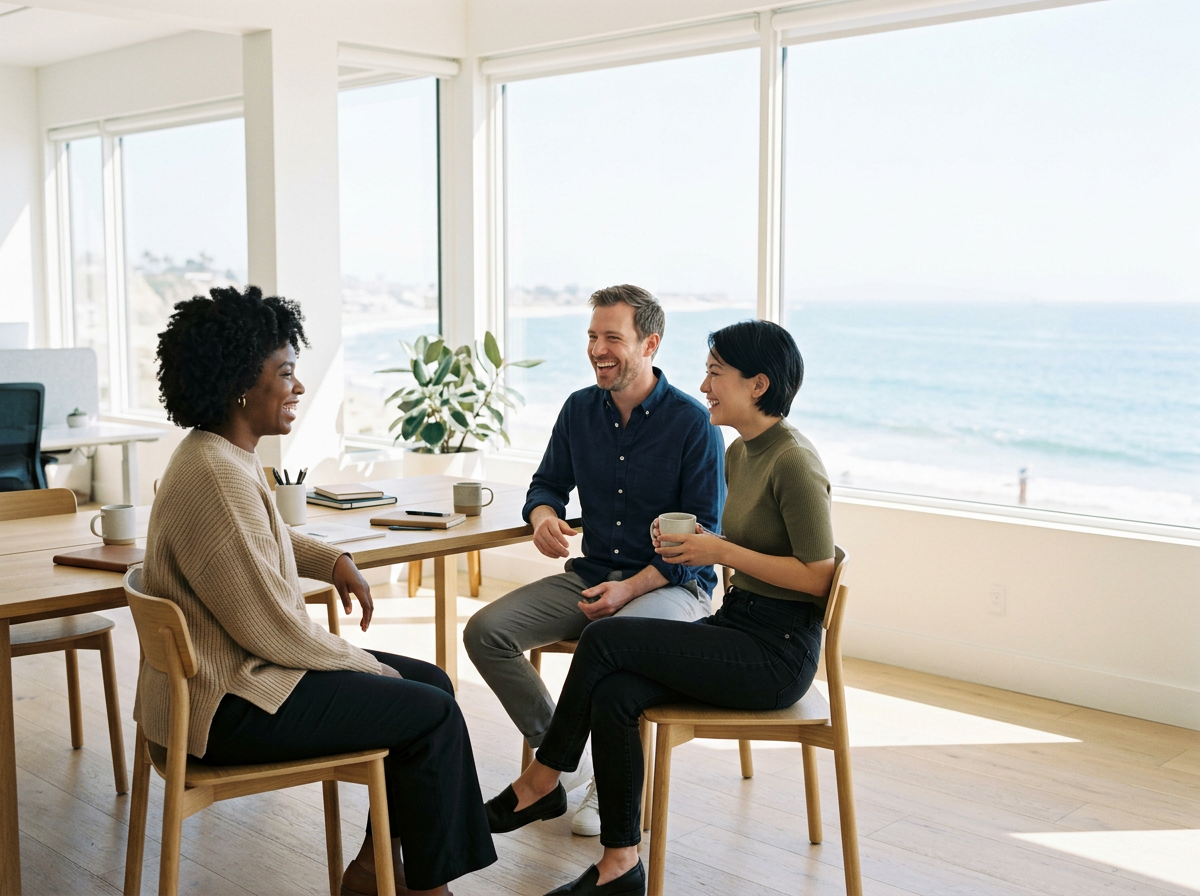 Three people having a conversation in a bright room with large windows overlooking the ocean, seated on chairs around a wooden table with notebooks and coffee mugs.