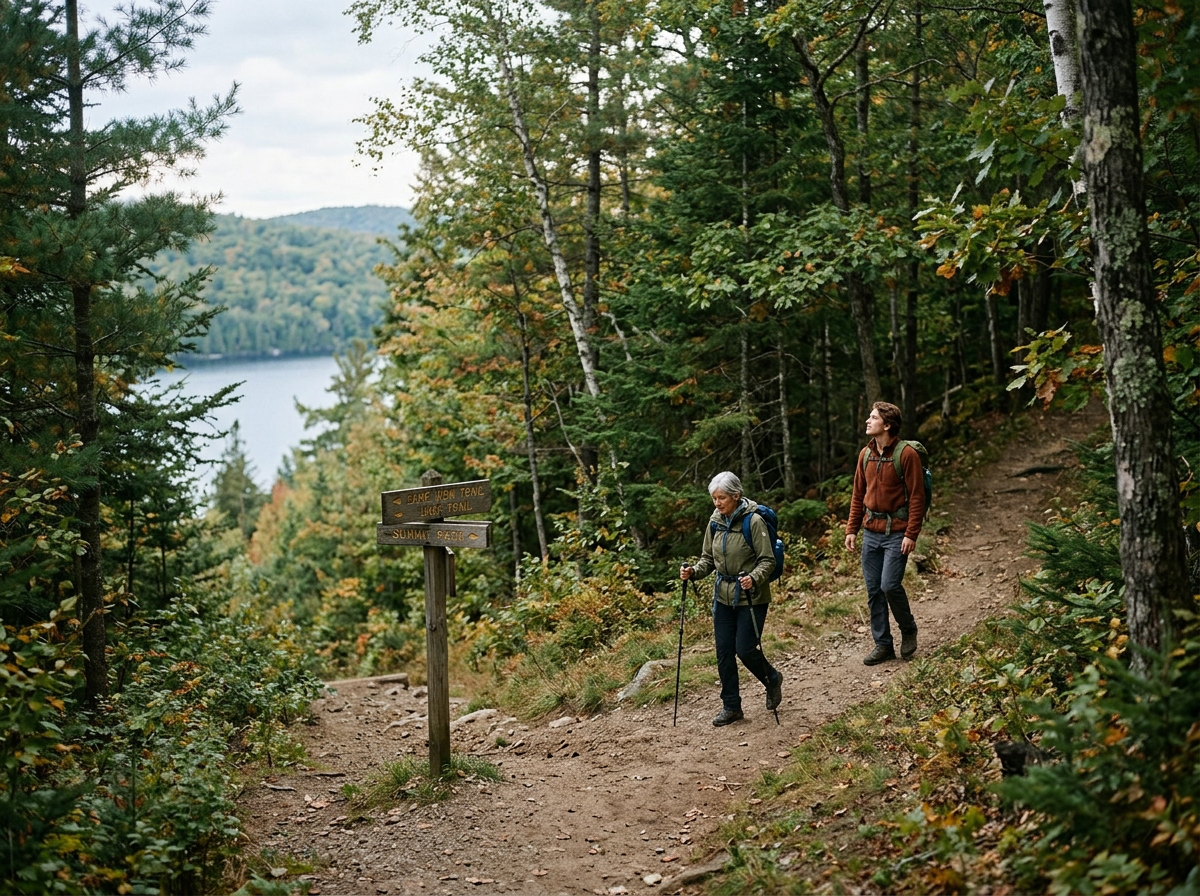 Two hikers walking on a forest trail near a lake, surrounded by green trees and foliage, with a mountain in the background.