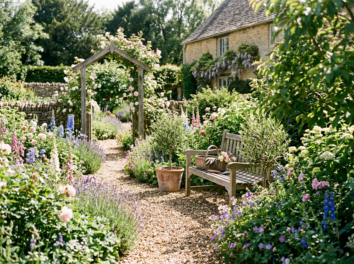 A garden pathway with colorful flowers, a wooden bench with a basket and gardening gloves, a potted plant, and a stone house in the background amidst greenery.