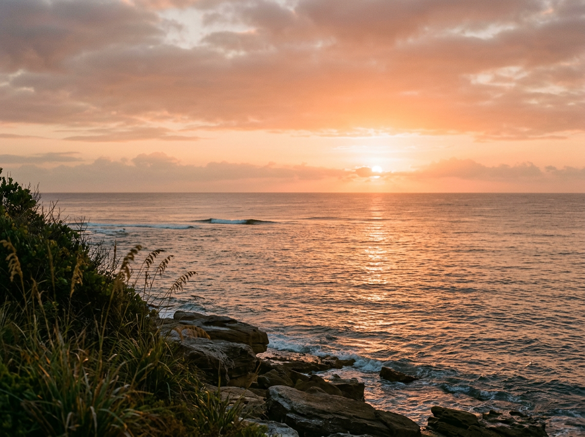 Sunset over the ocean with orange and pink clouds, rocky shoreline with vegetation in the foreground.