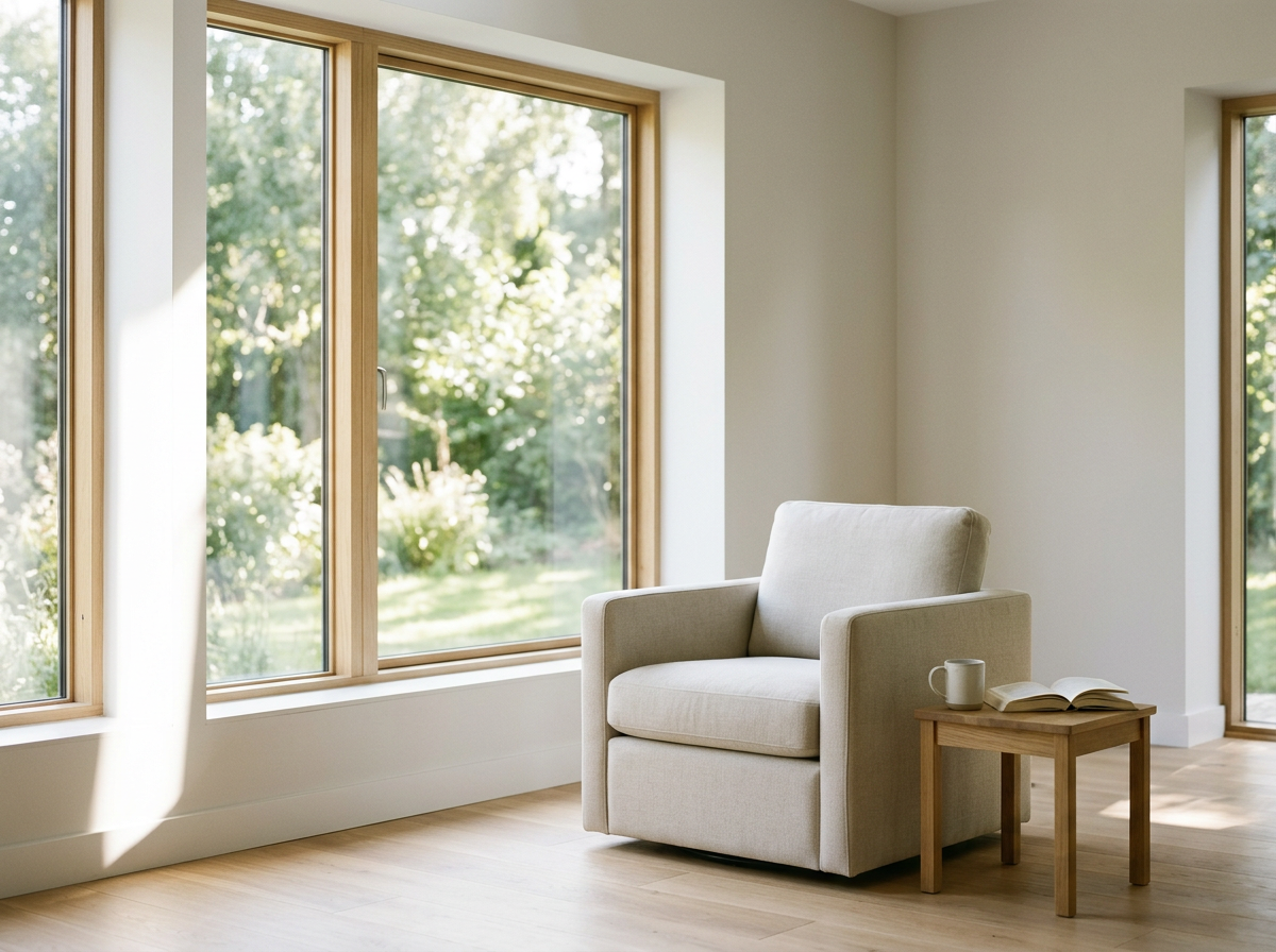 A cozy, minimalist living space with large windows, a beige armchair, a small wooden side table with a mug and an open book, and a view of greenery outside.