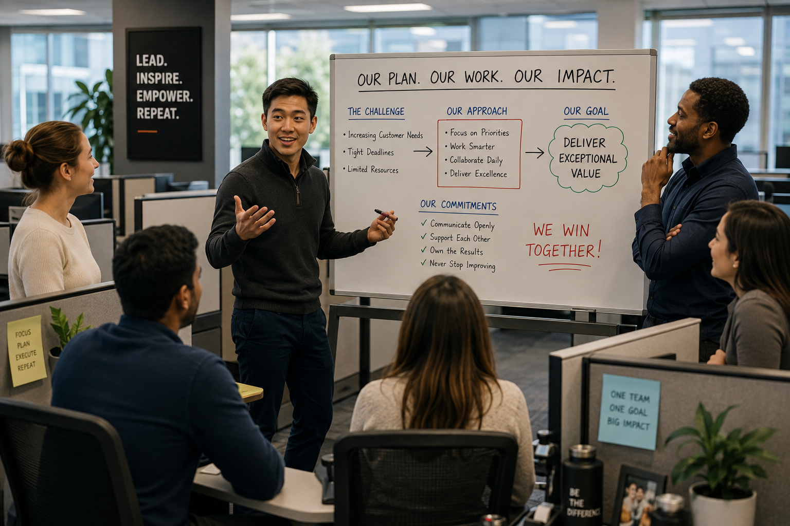 A man giving a presentation to colleagues in an office conference room, with a whiteboard displaying a plan, approach, commitment, and goals, including phrases like "Our Plan. Our Work. Our Impact." and "We Win Together!"