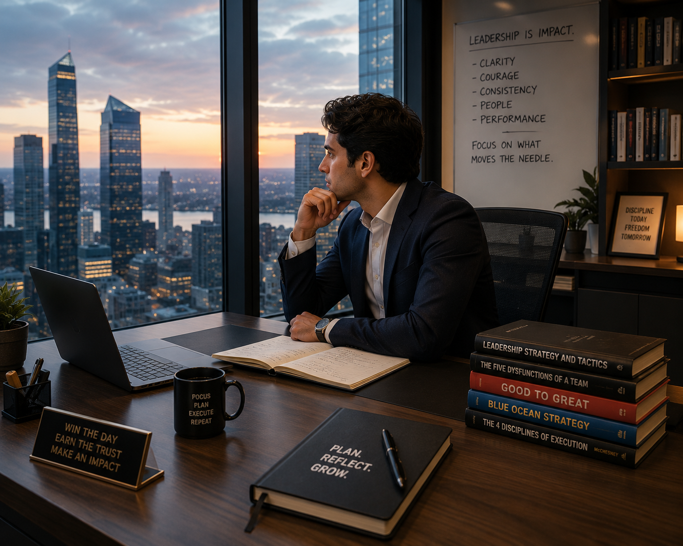 A man in a suit sits at a desk in a high-rise office, looking out at a city skyline during sunset. The desk has books, a coffee mug, and a notebook. Behind him, a whiteboard displays motivational quotes about leadership. The office has large windows and a bookshelf.