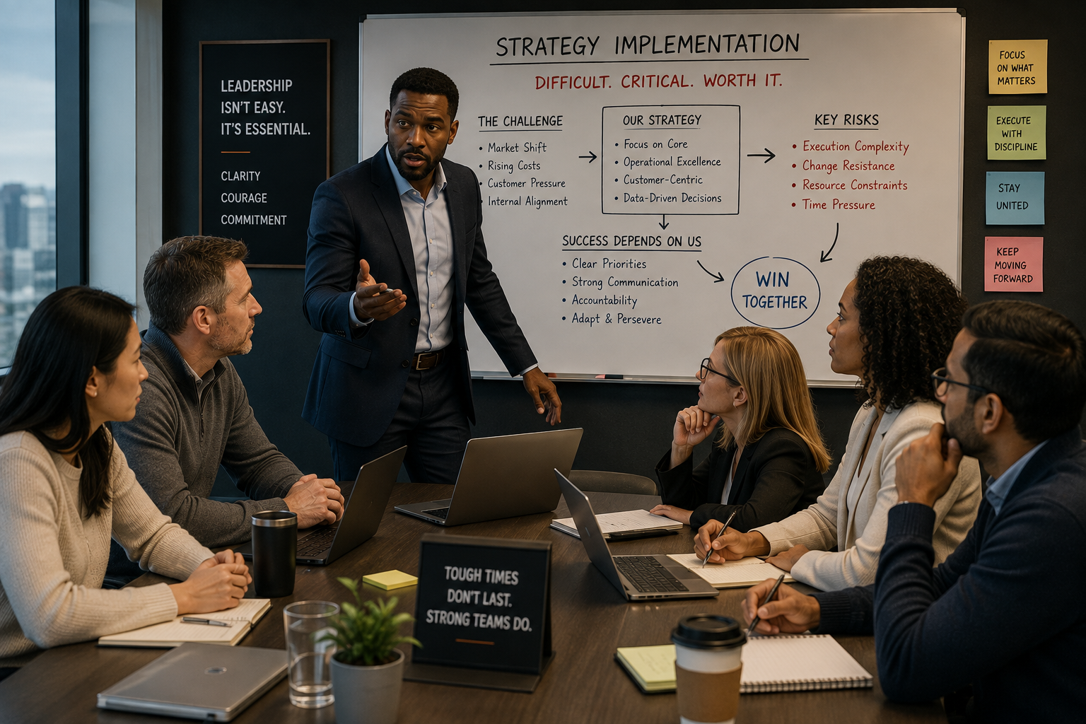 A business meeting in a conference room with a diverse group of people seated at a table, listening to a man in a suit presenting strategy points on a whiteboard, with various notes and slogans on the walls and sticky notes.