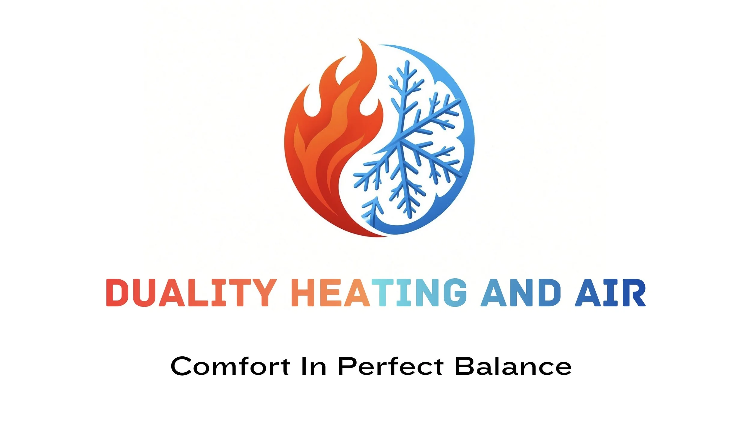 Logo with a red flame and a blue snowflake forming a circle, with text 'Duality Heating and Air' and the tagline 'Comfort In Perfect Balance'.