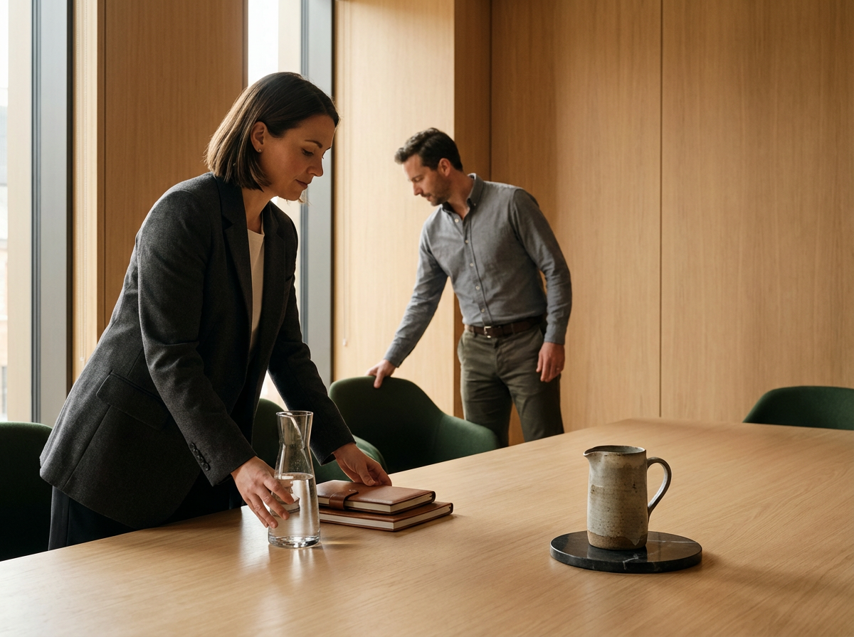 A woman in a dark blazer and a man in a gray shirt are in a conference room; the woman is leaning over the table, adjusting a glass pitcher of water and two notebooks, while the man is standing behind a chair, looking down.