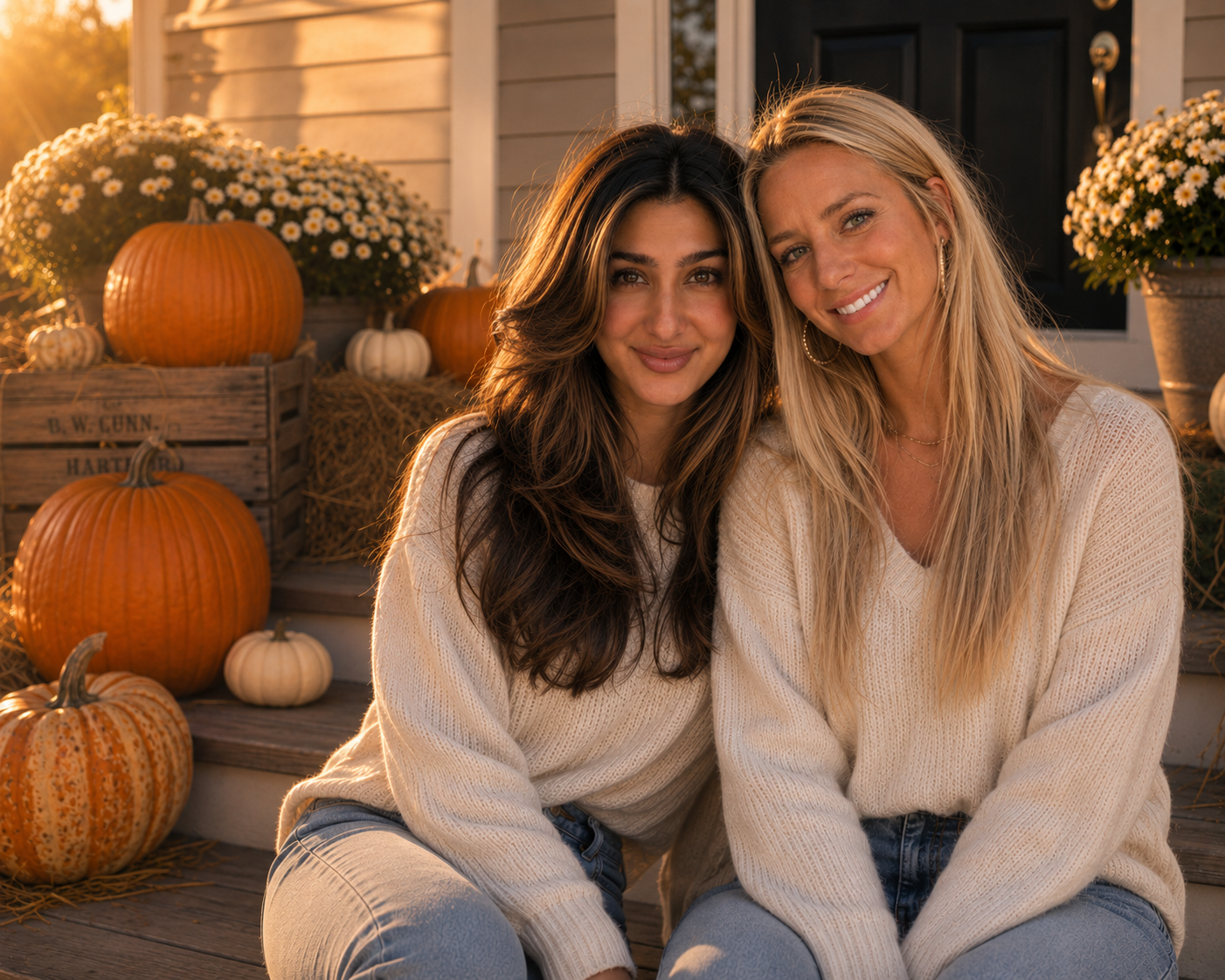 Two women sitting on the porch they decorated porch with pumpkins and mums, smiling at sunset. Sharing the owner story and why the started Porchside 30a