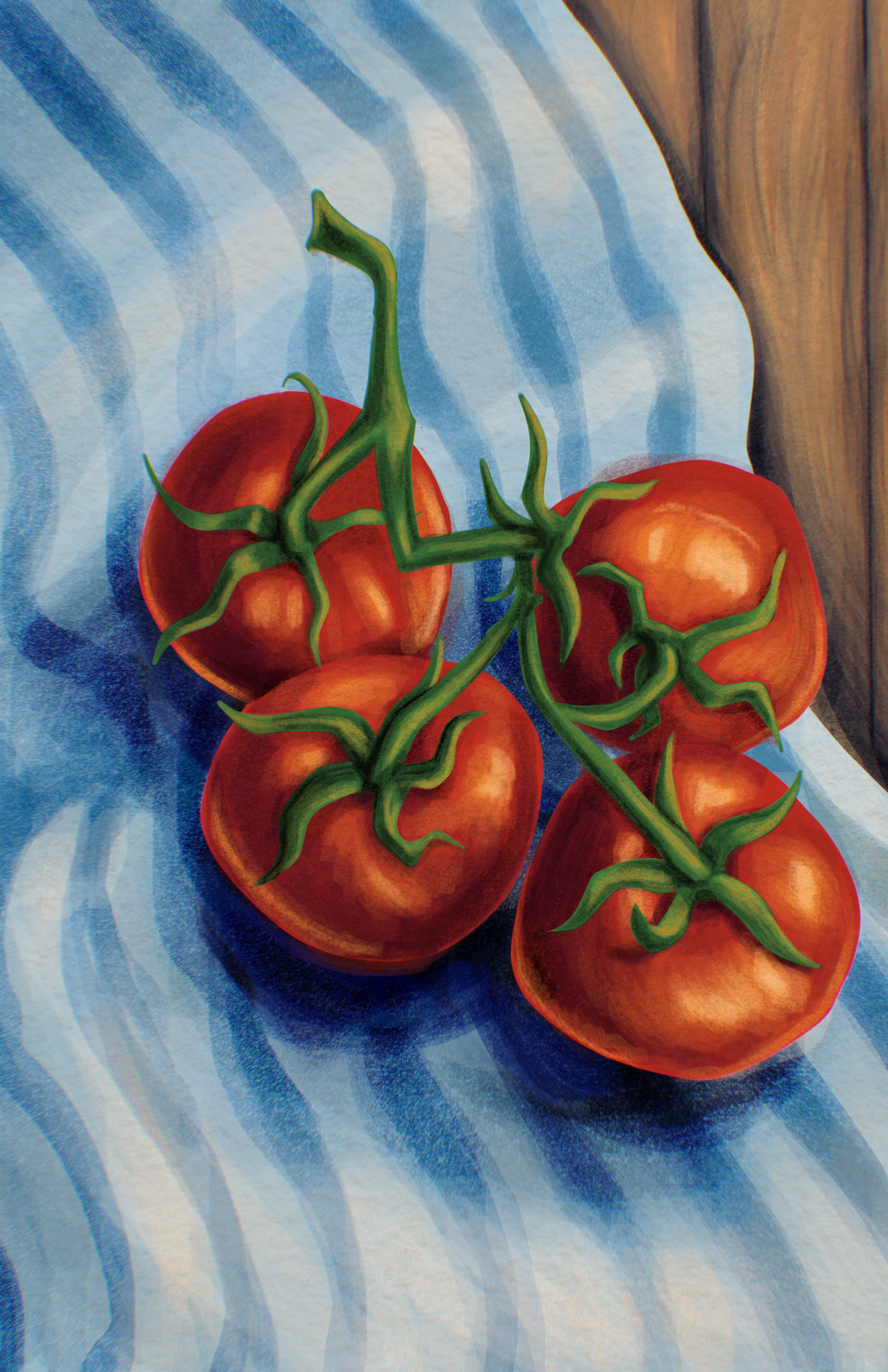 Painting of ripe red tomatoes with green stems on blue and white striped fabric, and a wooden surface on the right side.