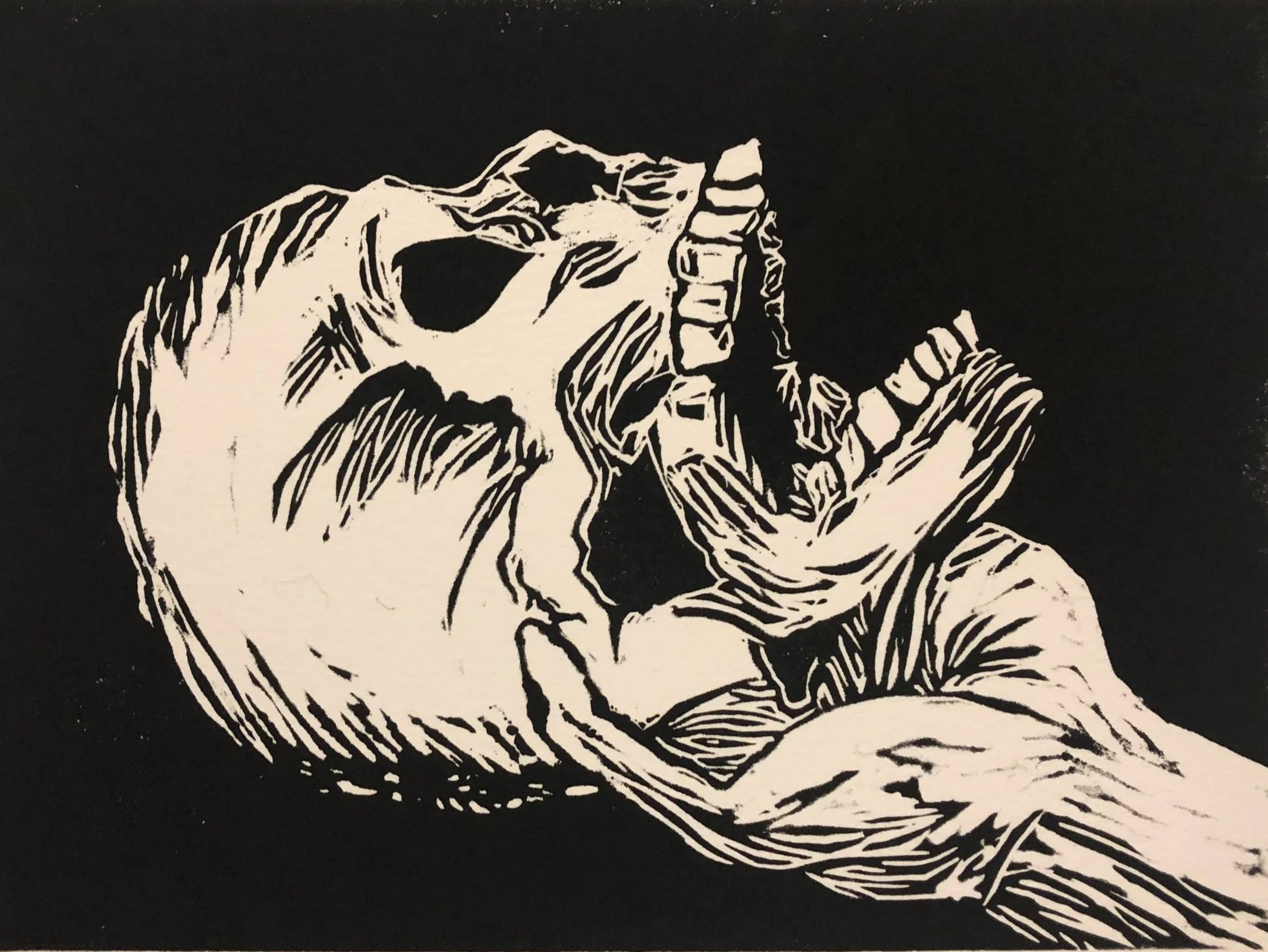 Poor Yorick, Linoleum Print, 2018