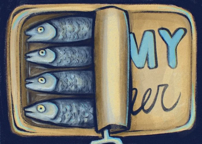 A gold can of sardines that is half opened. "Emmy Fischer" is written on the can cover as a label, half visible.