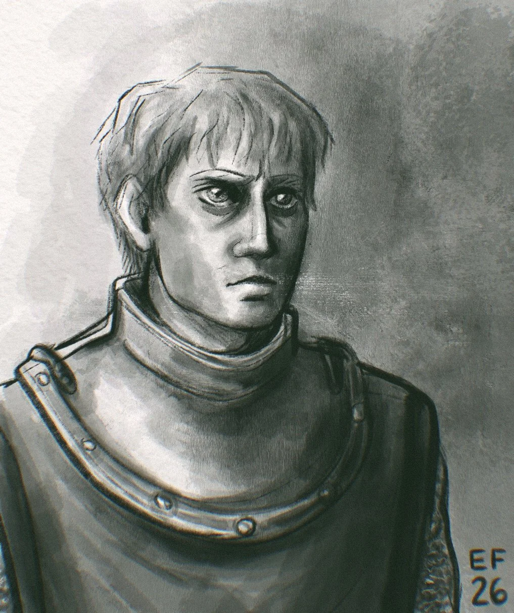 A grayscale drawing of a Ser Duncan the Tall, from the Game of Thrones franchise A Knight of the Seven Kingdoms. Dunk wears armor and stares into the distance stoically.