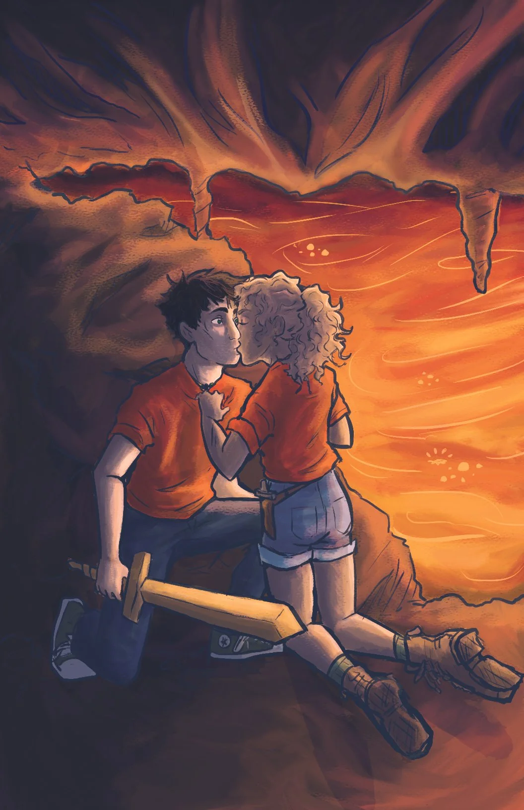 Battle of the Labyrinth Kiss (part of a Percy Jackson fanzine), Digital Illustration, 2023
