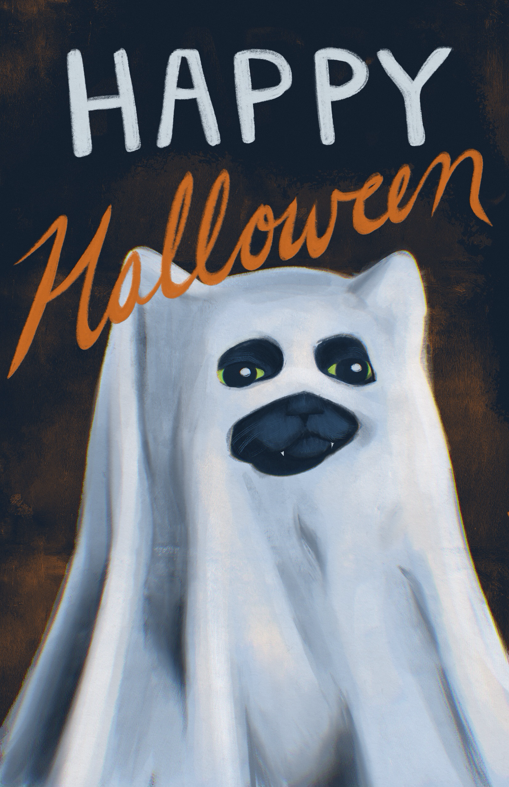 A sign with the text 'HAPPY Halloween' displayed above a picture of a black cat dressed as a ghost in a sheet with big, expressive eyes.