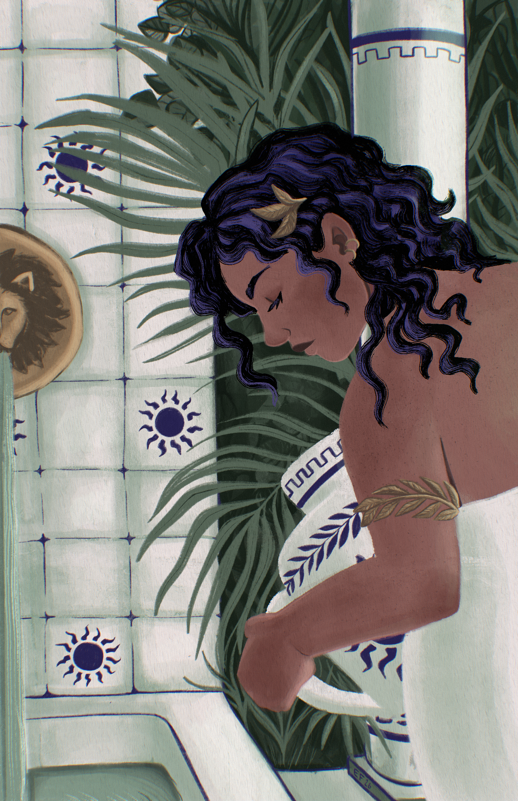 Illustration of a woman with dark, curly hair and a gold leaf in her hair, standing in front of a tiled wall with sun and moon motifs, and tropical plants, with a white vase featuring a blue Greek key pattern.