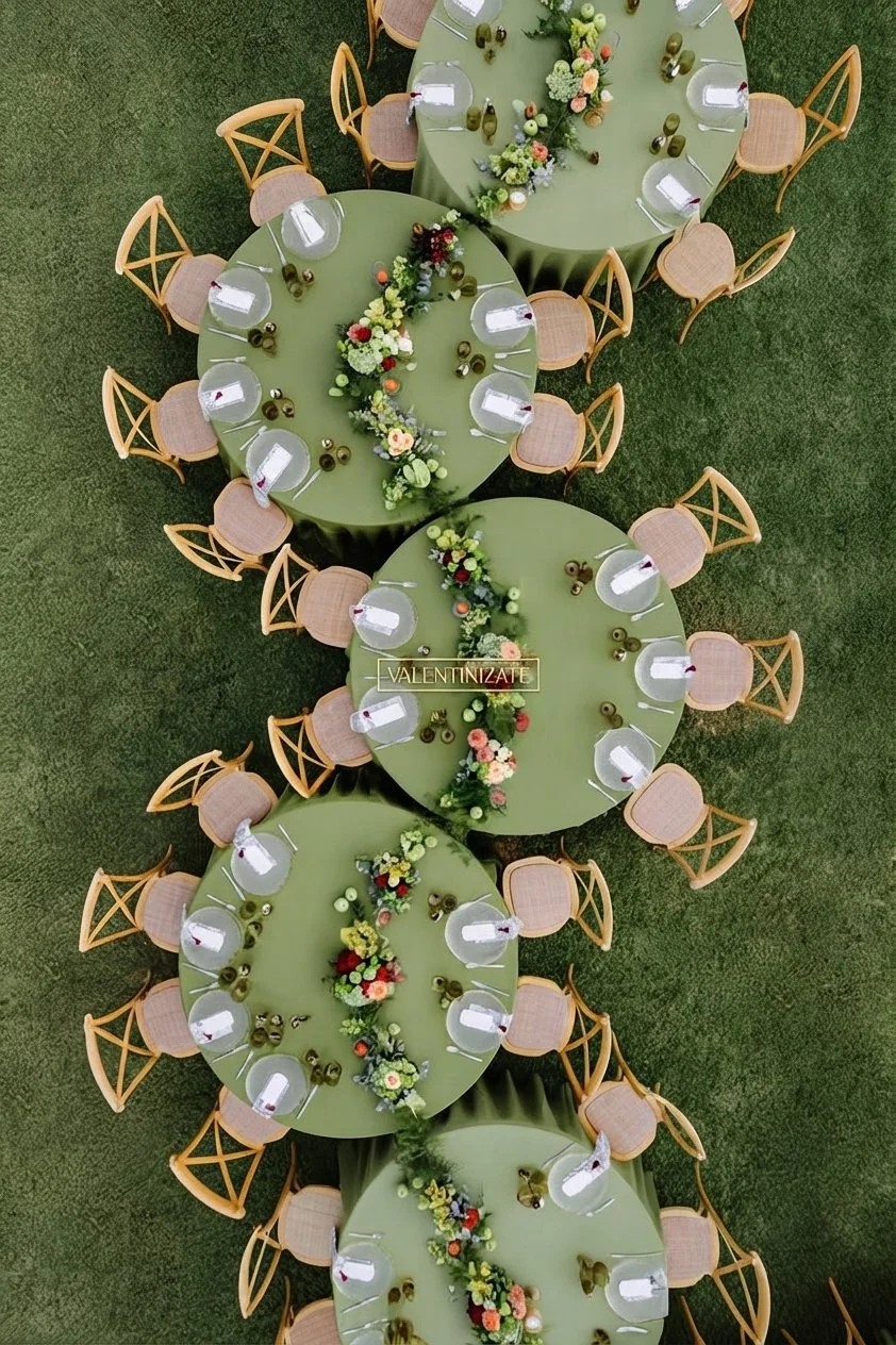Overhead shot of four round banquet tables with green tablecloths, decorated with floral centerpieces and olive-green dishes, surrounded by wooden chairs with beige cushions, set on a grassy surface.