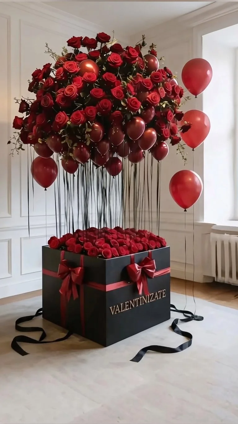 A large bouquet of red roses and red balloons arranged in a black box with red ribbons, labeled 'VALENTINIZATE'.