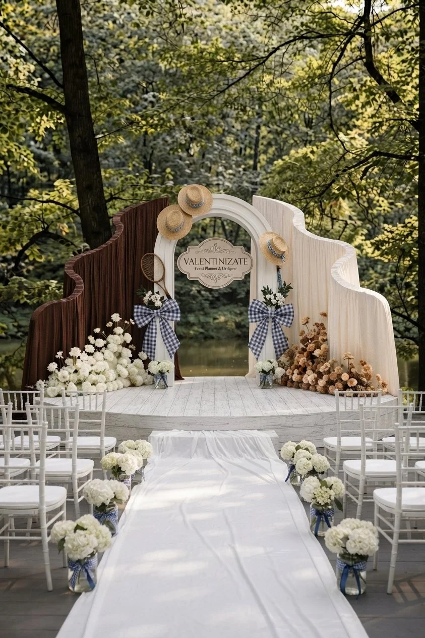 Empty outdoor wedding ceremony setup with white chairs and floral decorations, featuring a wooden and white decorative arch with hats and bows, set in a forested area near a body of water.