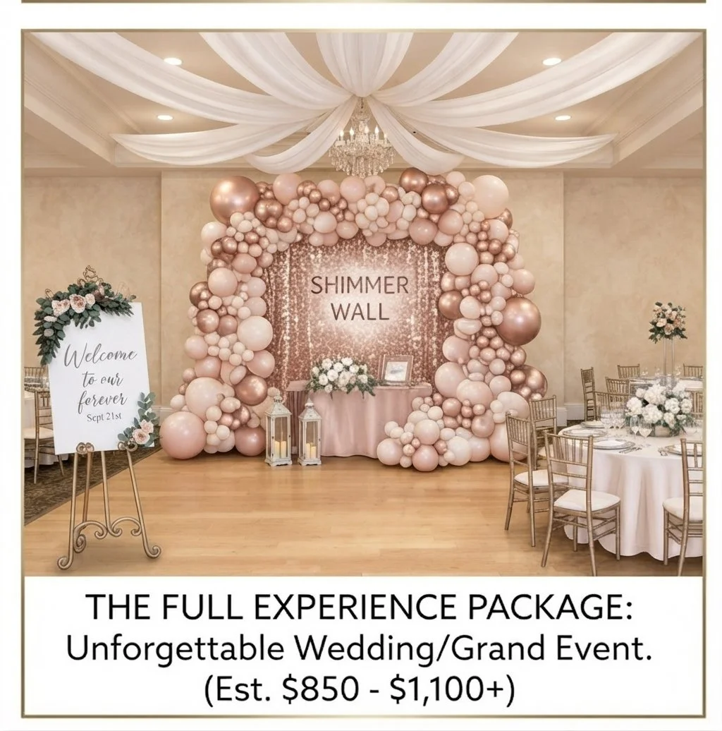 Elegant wedding or event venue decorated with a blush and rose gold balloon arch, a glittery backdrop with the words "Shimmer Wall," round tables with floral centerpieces, and a welcome sign that reads "Welcome to our forever, Sept 21st."
