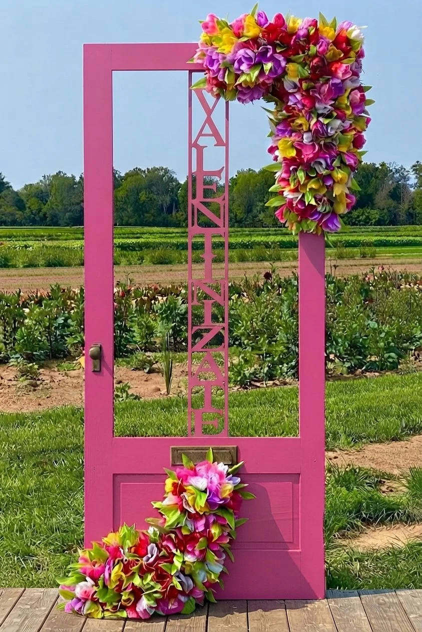 Pink decorative arch with floral arrangements at the top left and bottom center, standing outdoors in a grassy field with trees and cultivated land in the background.