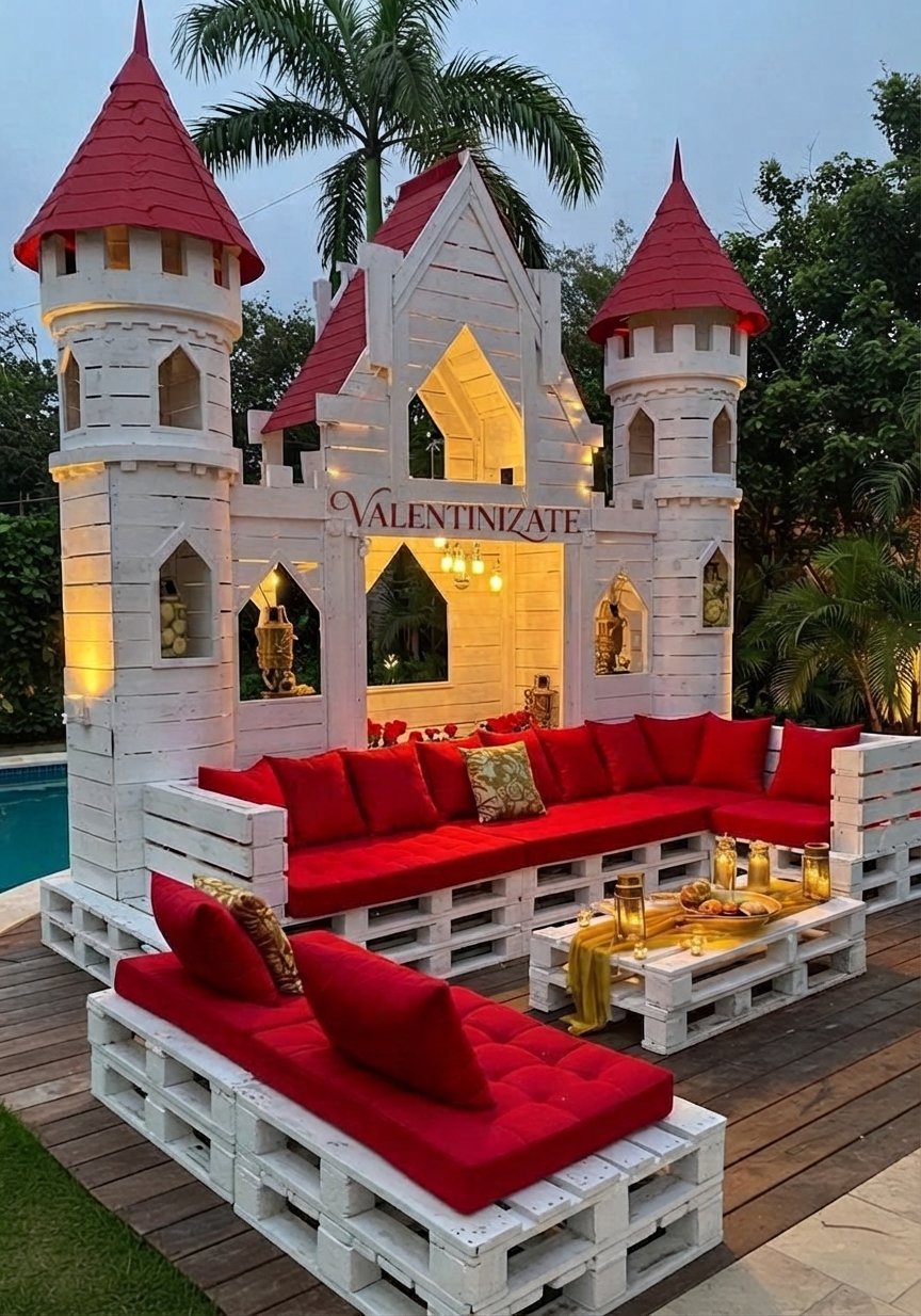A small white castle-shaped pavilion with red roofs and a sign that reads 'Valentinazate.' Inside, warm lighting, pillows, and candles create a cozy outdoor seating area with red cushions and a wooden deck, surrounded by tropical greenery.