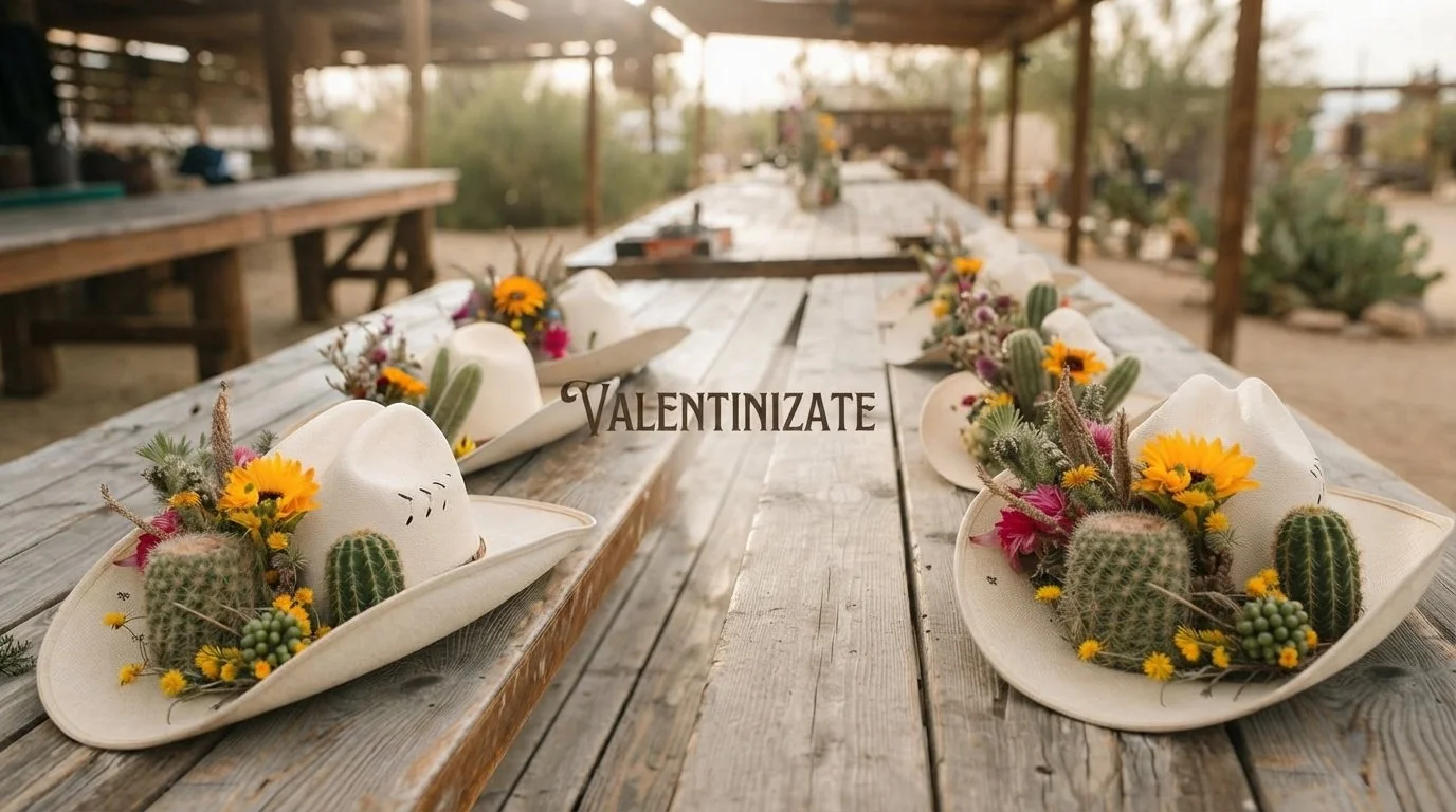 Decorative cowboy hats filled with flowers and small cacti arranged on a rustic outdoor wooden table for a celebration.