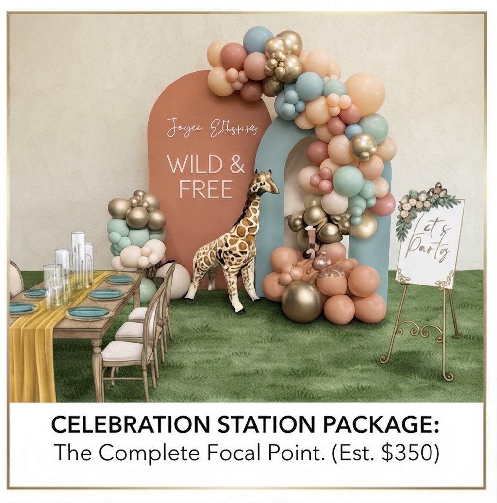 Decorative celebration display featuring pastel-colored balloons, a cardboard cutout of a giraffe, and a pink and blue backdrop with the words 'Joyce Ellsworth Wild & Free.' There is a dining table with a yellow table runner and place settings, a sign on an easel that reads 'It's a Party,' and a green grass-like floor.