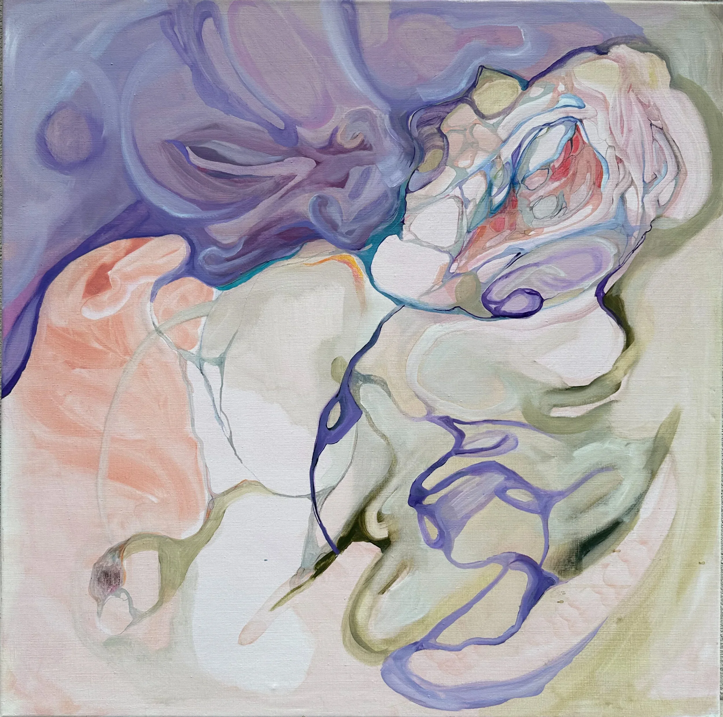 An abstract painting featuring swirling lines and soft colors, including shades of purple, peach, and green.