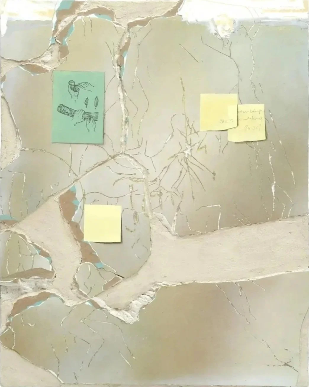 Filip Rybkowski, "Palimpsest V (Osteoporose)", plaster, paper, wood, aluminium, canvas, glue, acrylic paste and gouache on plywood, 80 × 63 cm, 2023