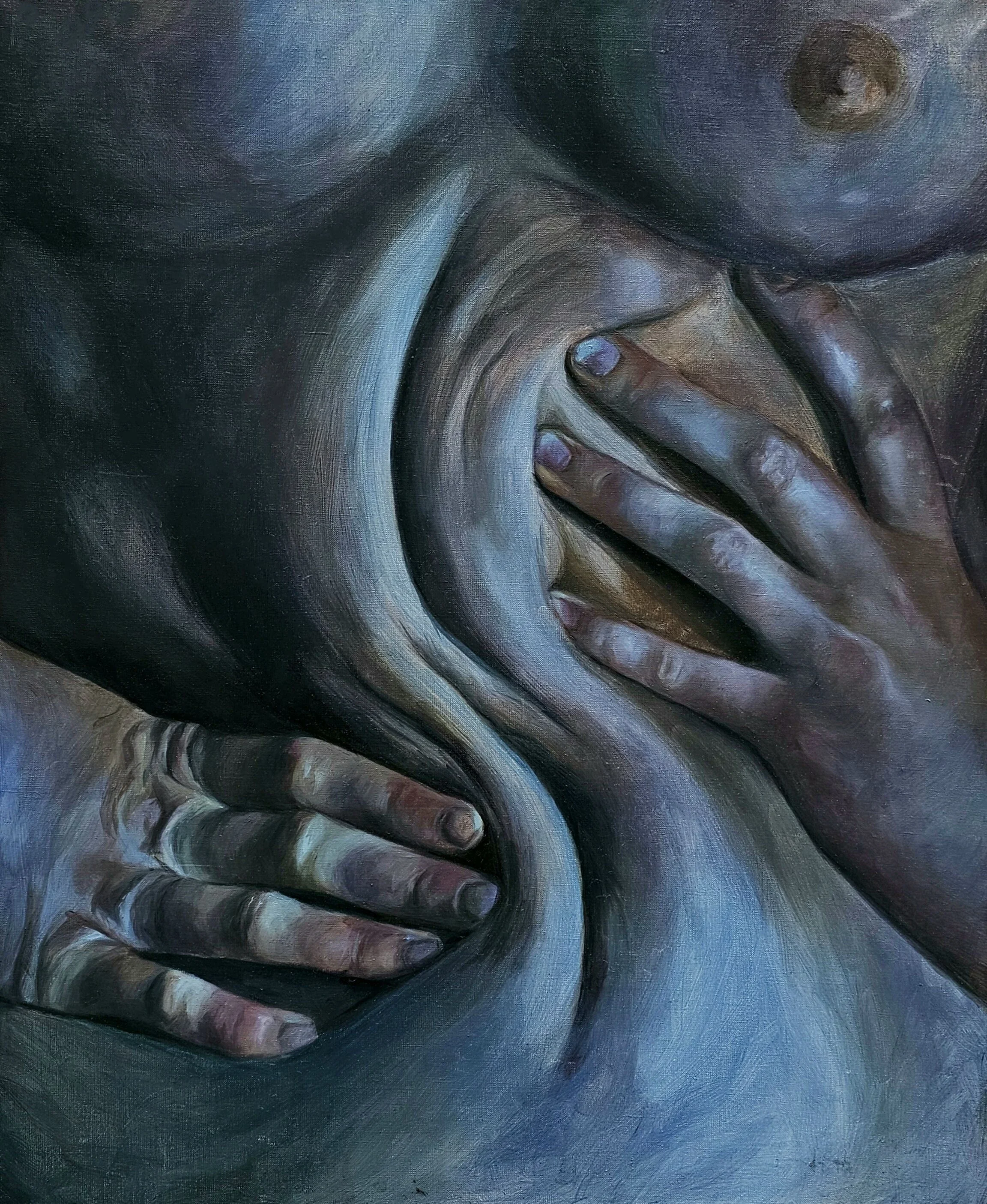 Aleksandra Drab, "Self-Embrace", oil on canvas, 85 × 70 cm, 2024