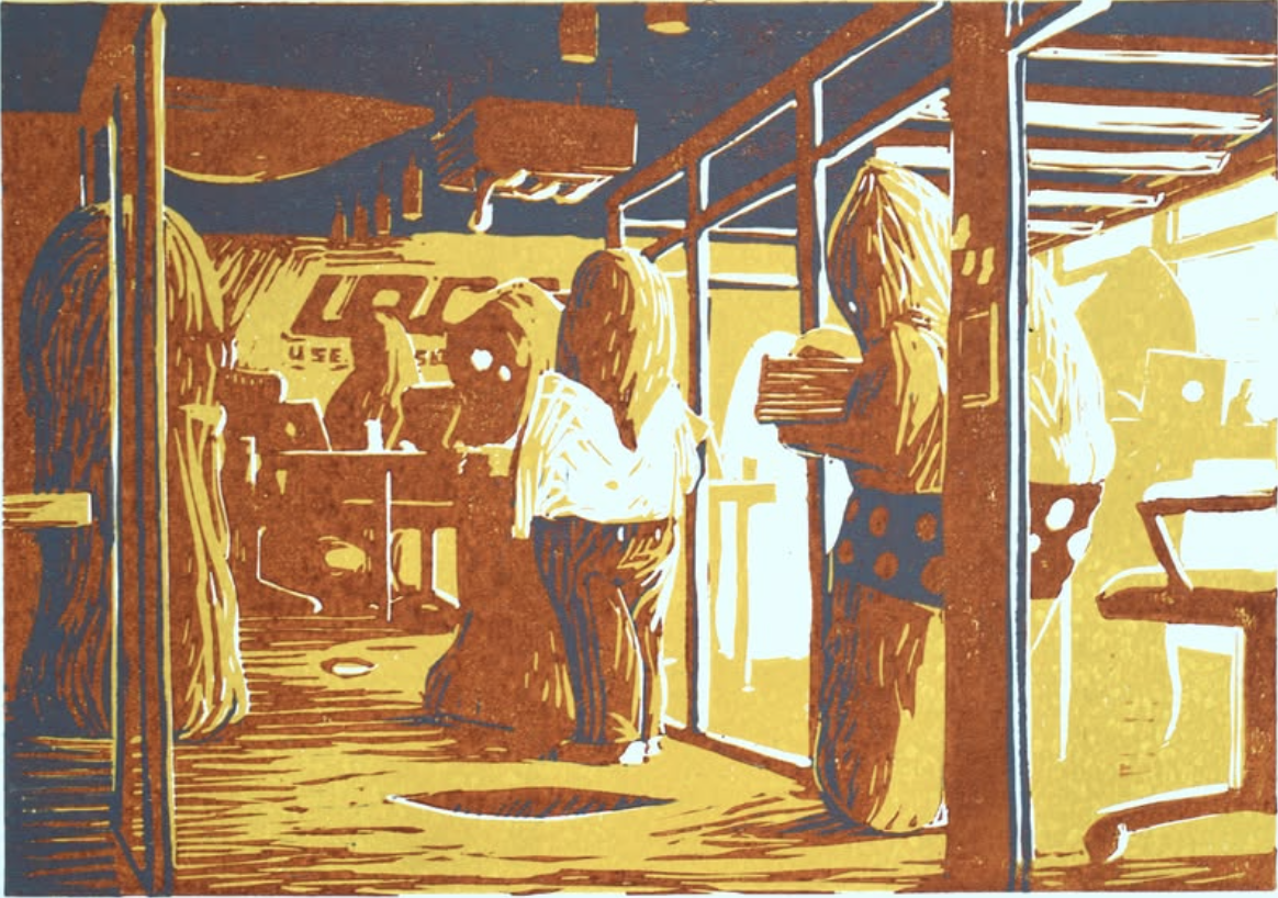 Karol Gniazdowski, “A Funeral Rhapsody in Memory of Graeber”, three-colour reduction linocut in oil-based ink, 2/7 + 1 AP, image size: 21 × 30 cm, sheet size: 32.5 × 42 cm, 2026

