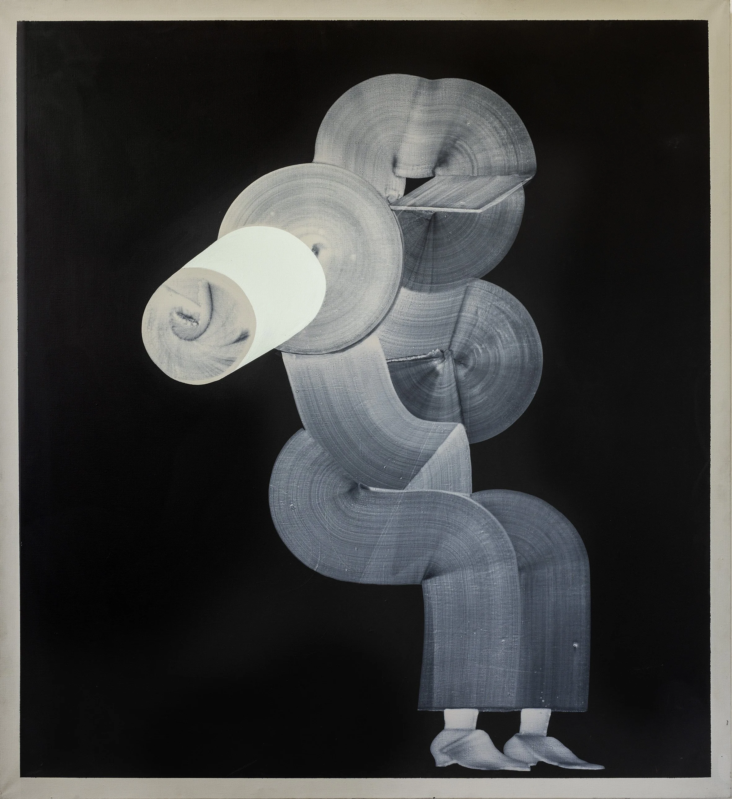 Olga Mokrzycka, "Woman with a Crank", acrylic on canvas, 120 × 110 cm, 2024