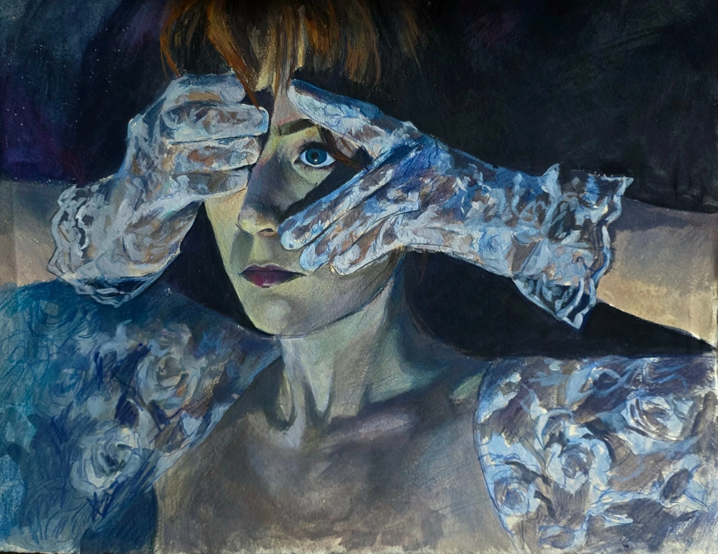 Aleksandra Drab, "Don't look", gouache and colored pencil on paper, 46,5 × 36,5 cm, 2025