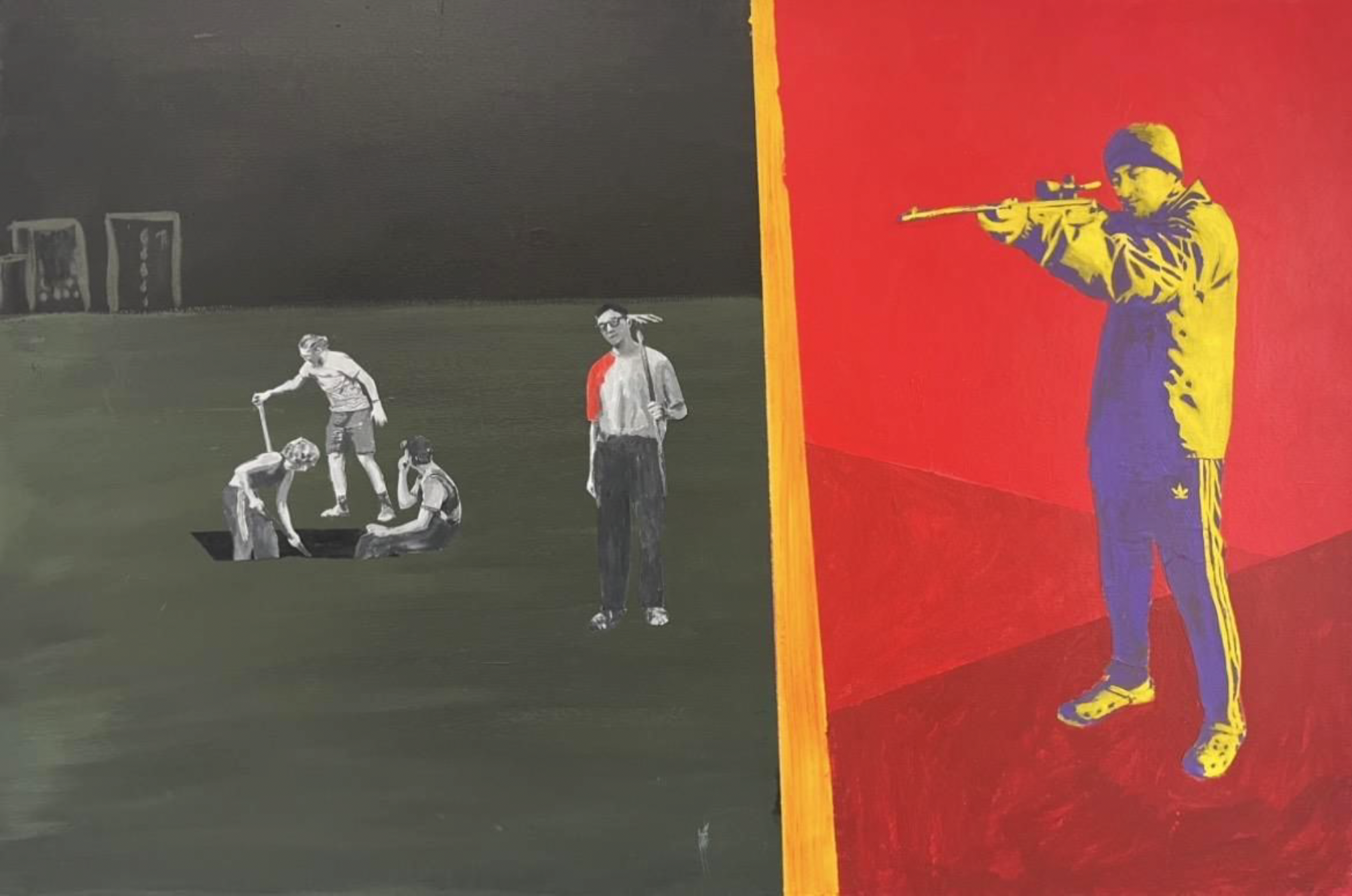 Paweł Kopaczewski, "The Pit and the Shooter", digital prints, paper and acrylic on canvas, 60 × 90 cm, 2026