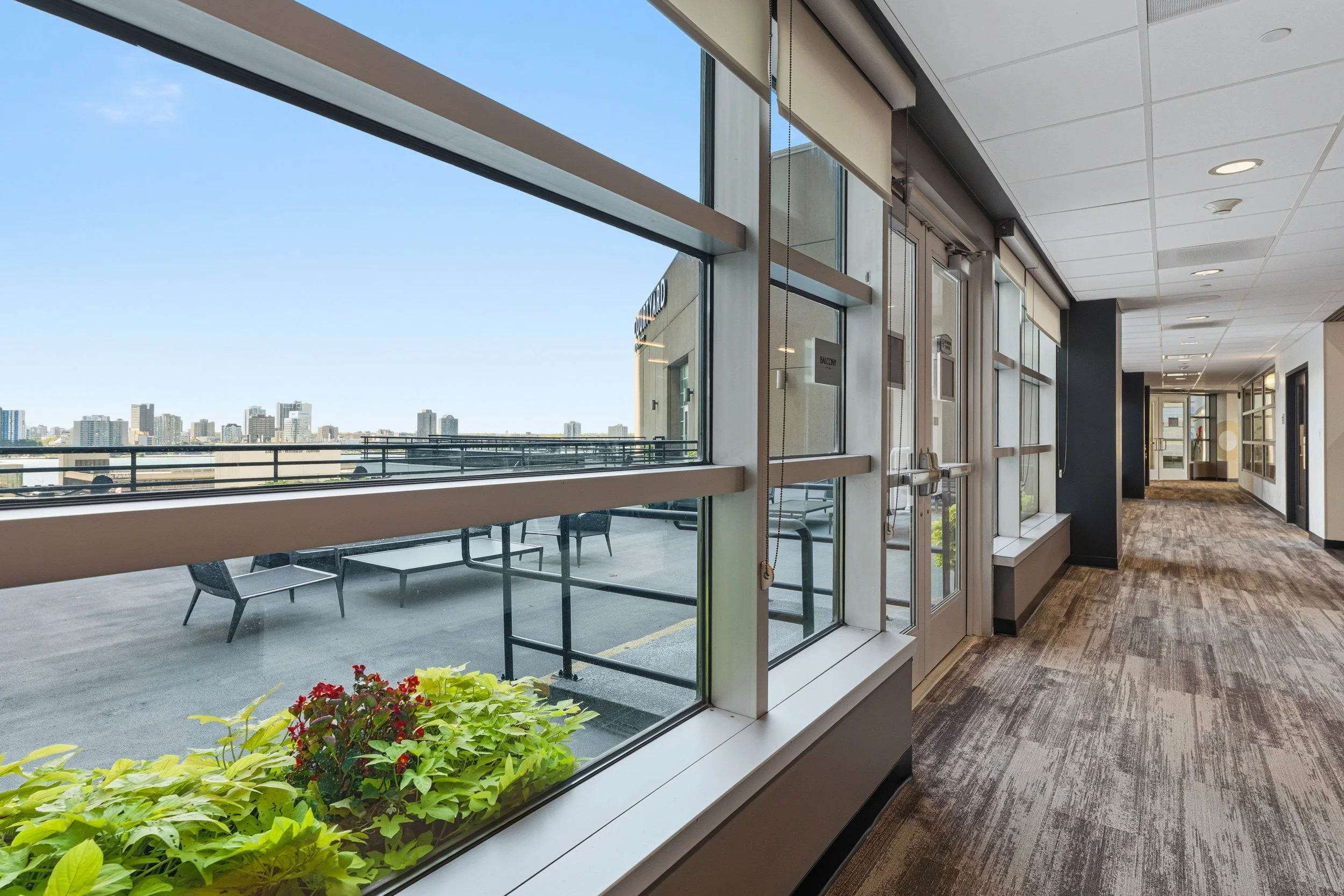 Indoor corridor with large windows showing a city skyline and outdoor seating area, decorated with potted plants, and a wood-patterned floor.