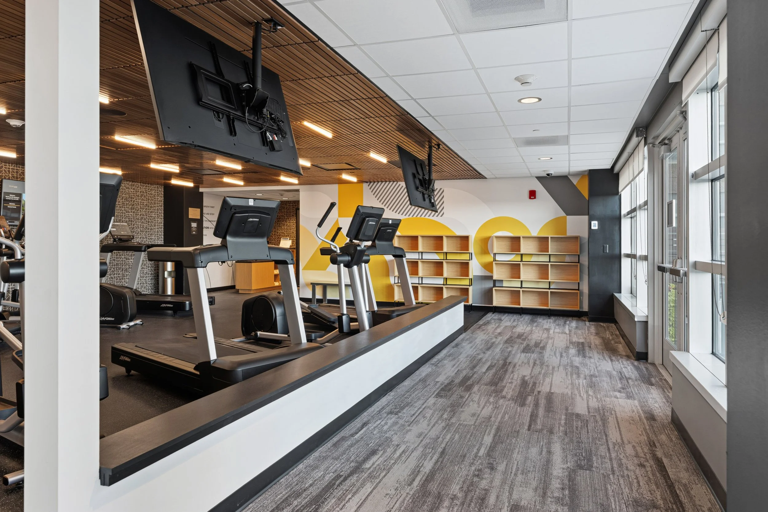 Empty gym with treadmills in front of large windows, wall shelves, and a geometric mural in the background.