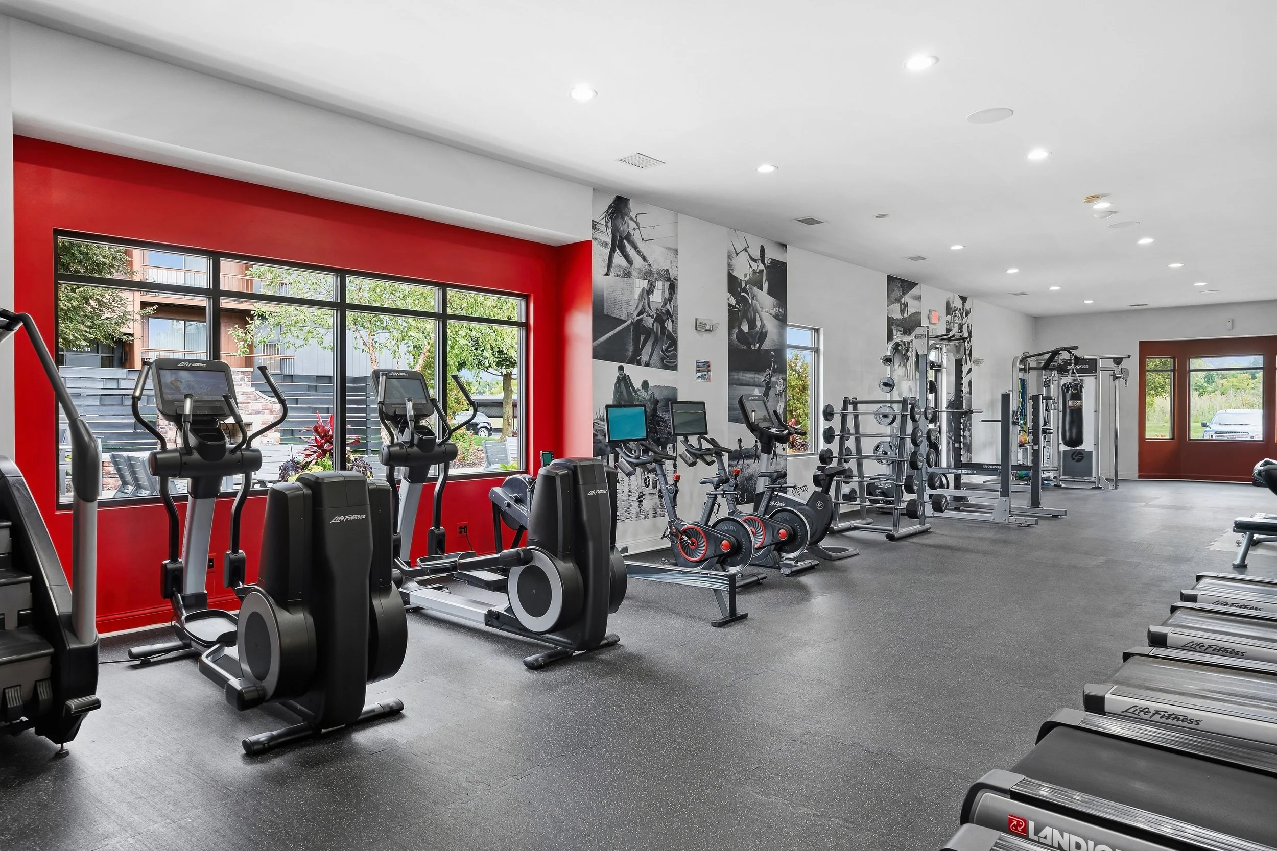 Inside a modern gym with cardio equipment like treadmills, ellipticals, and stationary bikes, along with weightlifting machines. Large windows let in natural light and show trees outside. The walls are decorated with black-and-white photos of people 