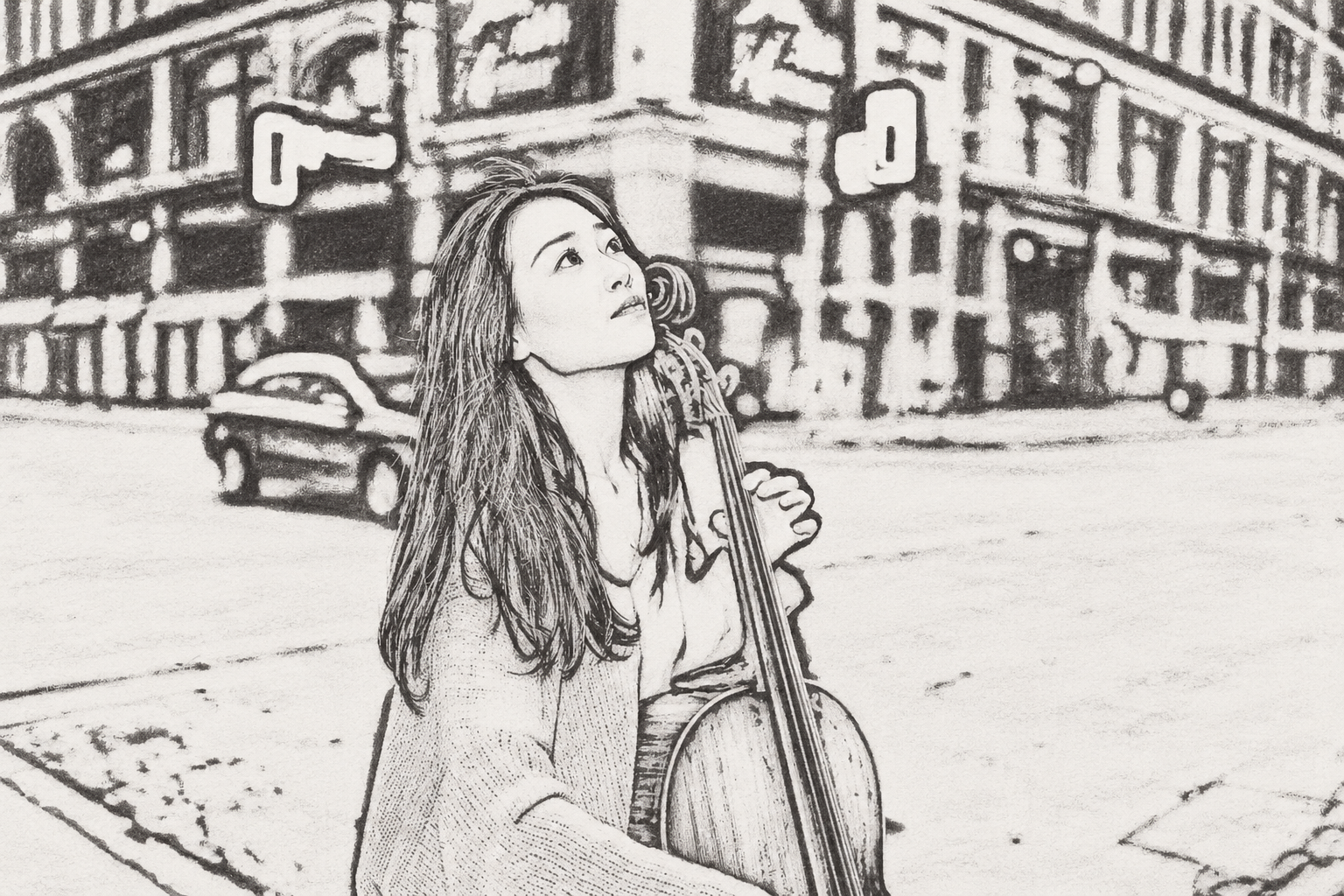 Artistic portrait of cellist Le Shi-Soddu with her cello