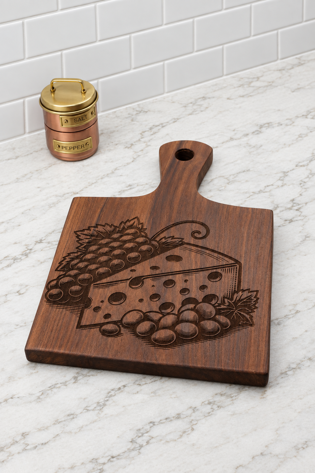 Wood Cutting Board With Cheese and Grape Engraving