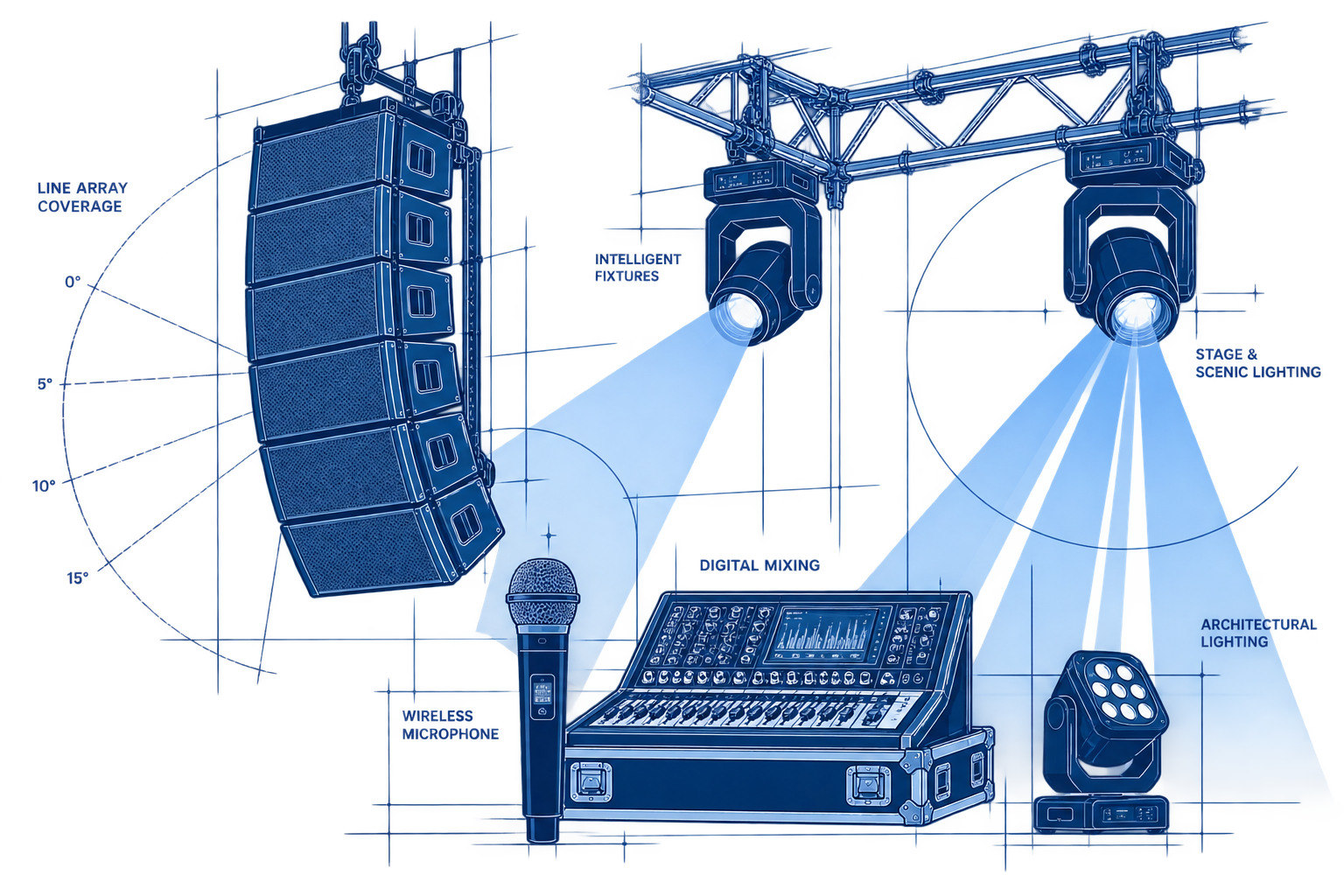 Blueprint-style illustration of a professional stage lighting system, showing speakers, spotlights, lighting controls, and stage lighting elements.