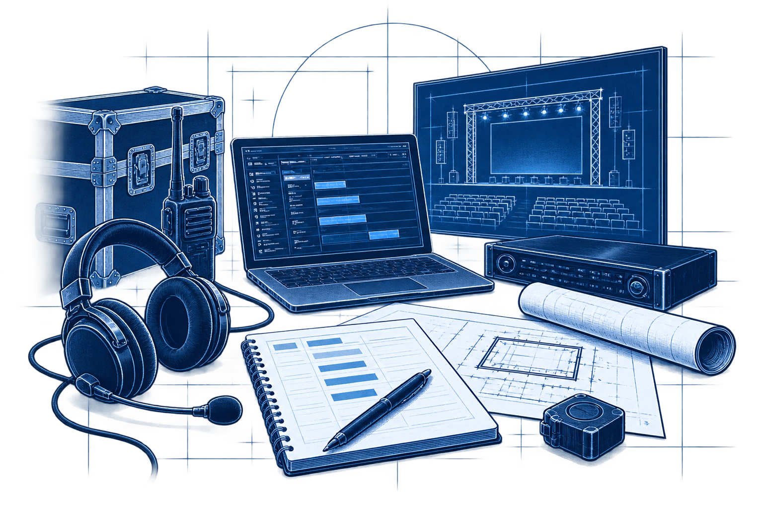 Blueprints, a laptop displaying a schedule, headphones with microphone, audio equipment, technical drawings, and a stage setup in a digital illustration.