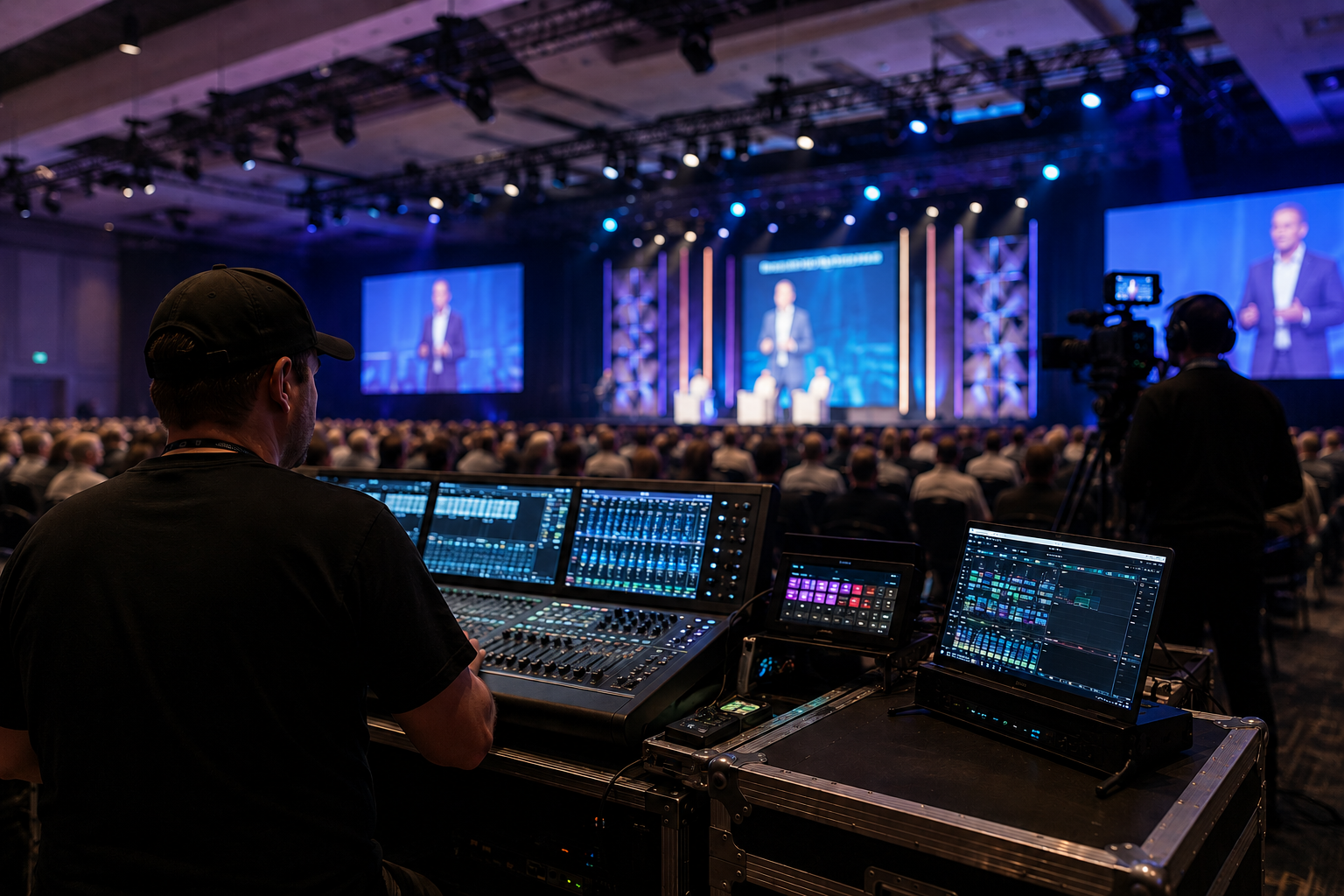 Audiovisual production control position for a corporate live event