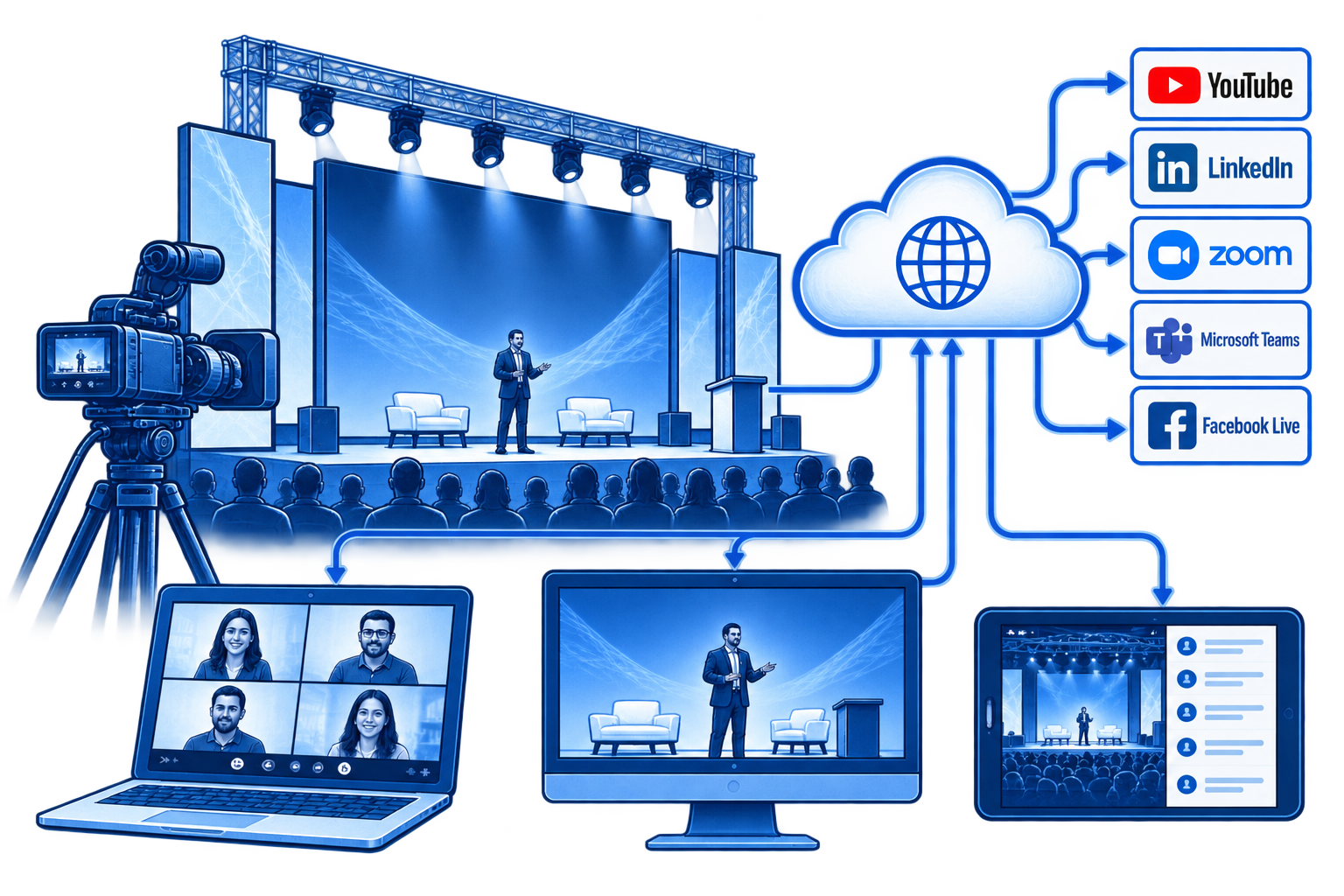 Illustration of a virtual conference setup showing a speaker on stage, a camera, multiple screens, and social media platform icons connected to a cloud representing online event streaming on YouTube, LinkedIn, Zoom, Microsoft Teams, and Facebook Live.