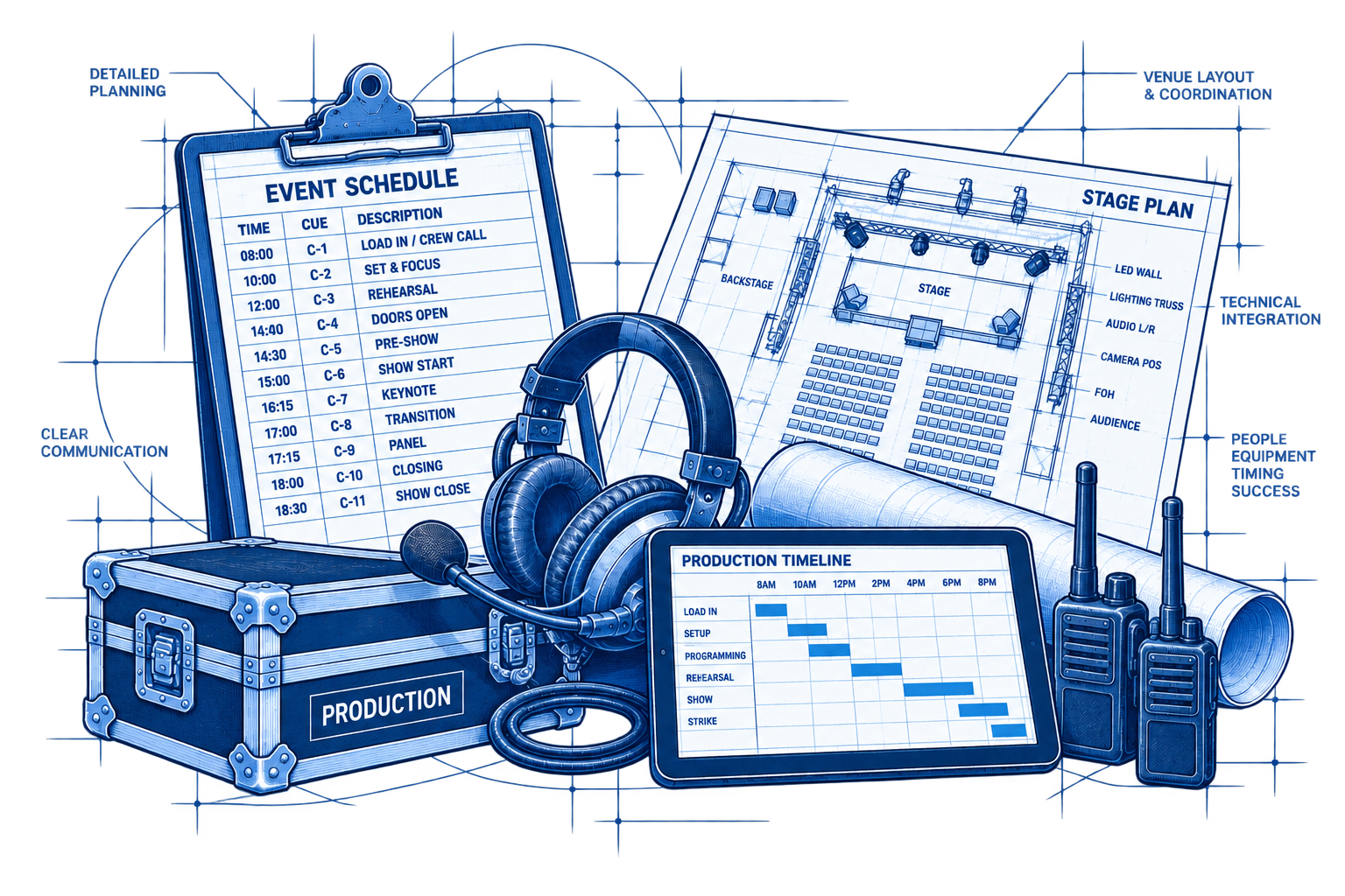 Blueprints and schedule for a stage production, including event schedule, stage plan, and production timeline, with headphones, walkie-talkies, and a equipment case labeled 'Production' in the foreground.