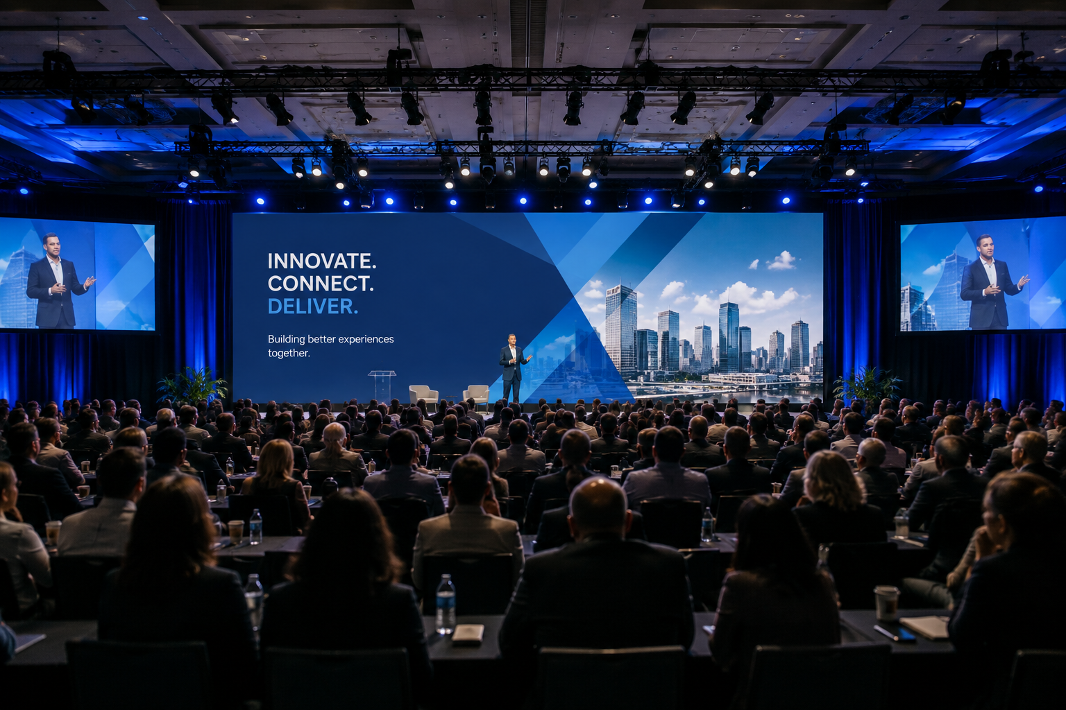 Corporate conference with presenter, audience, video display, stage lighting, and audiovisual production.