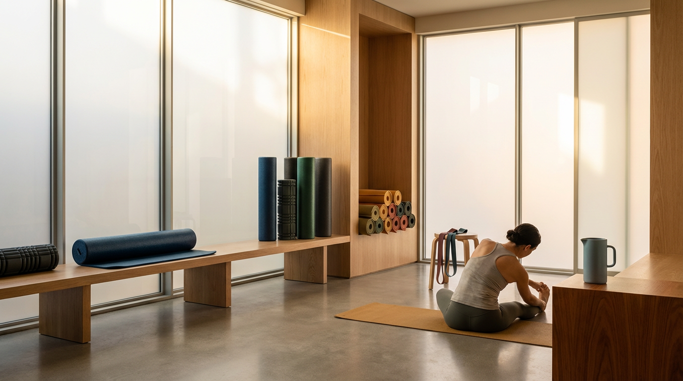 A woman doing yoga in a bright, minimalist fitness studio with wooden accents and large frosted glass windows.
